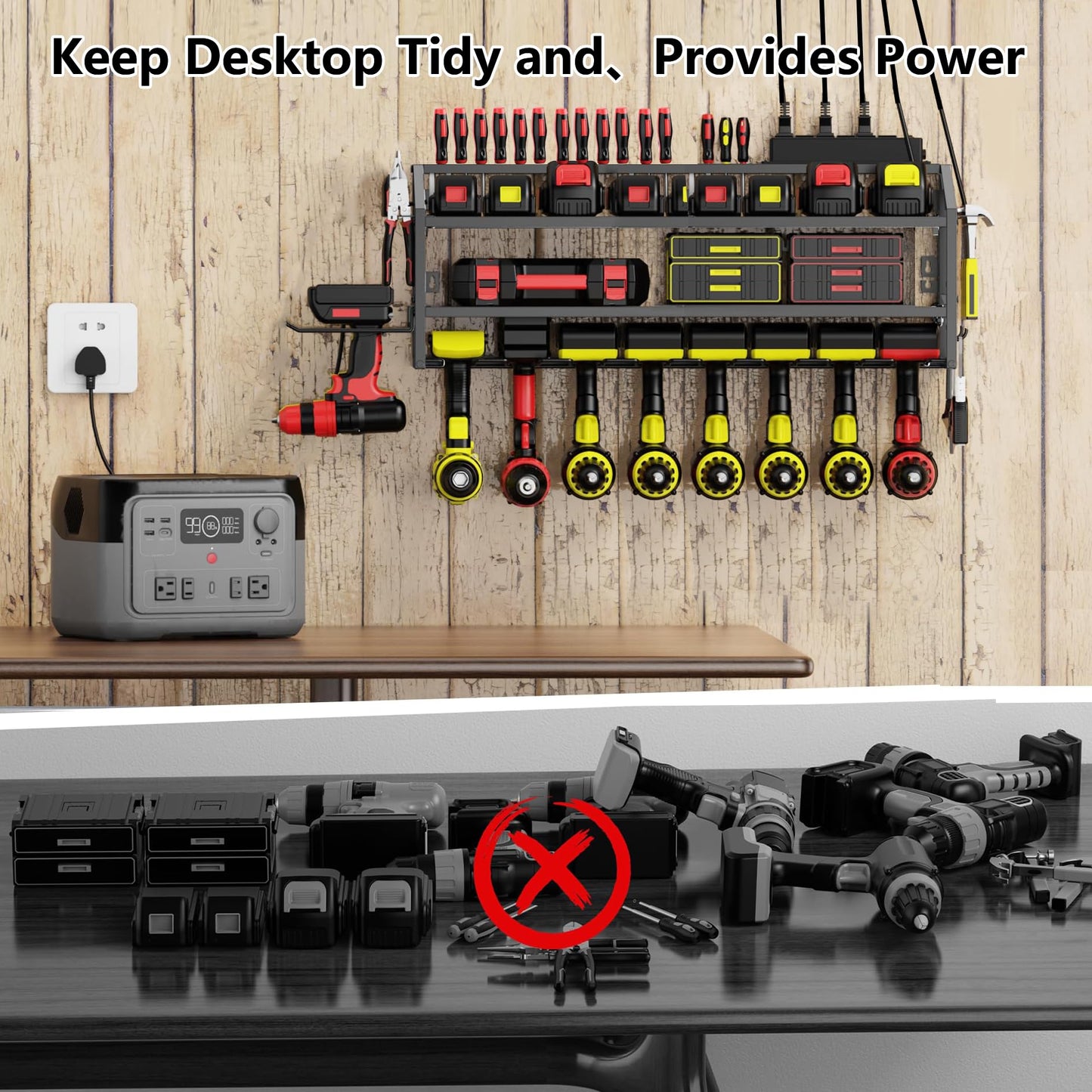 FULOOPHI Power Tool Organizer Wall Mount with Charging Station, 3 Layer Storage Rack and Tool Holder for Garage Organization, 8 Drill Holder Wall Mount and 6 Outlet Power Strip