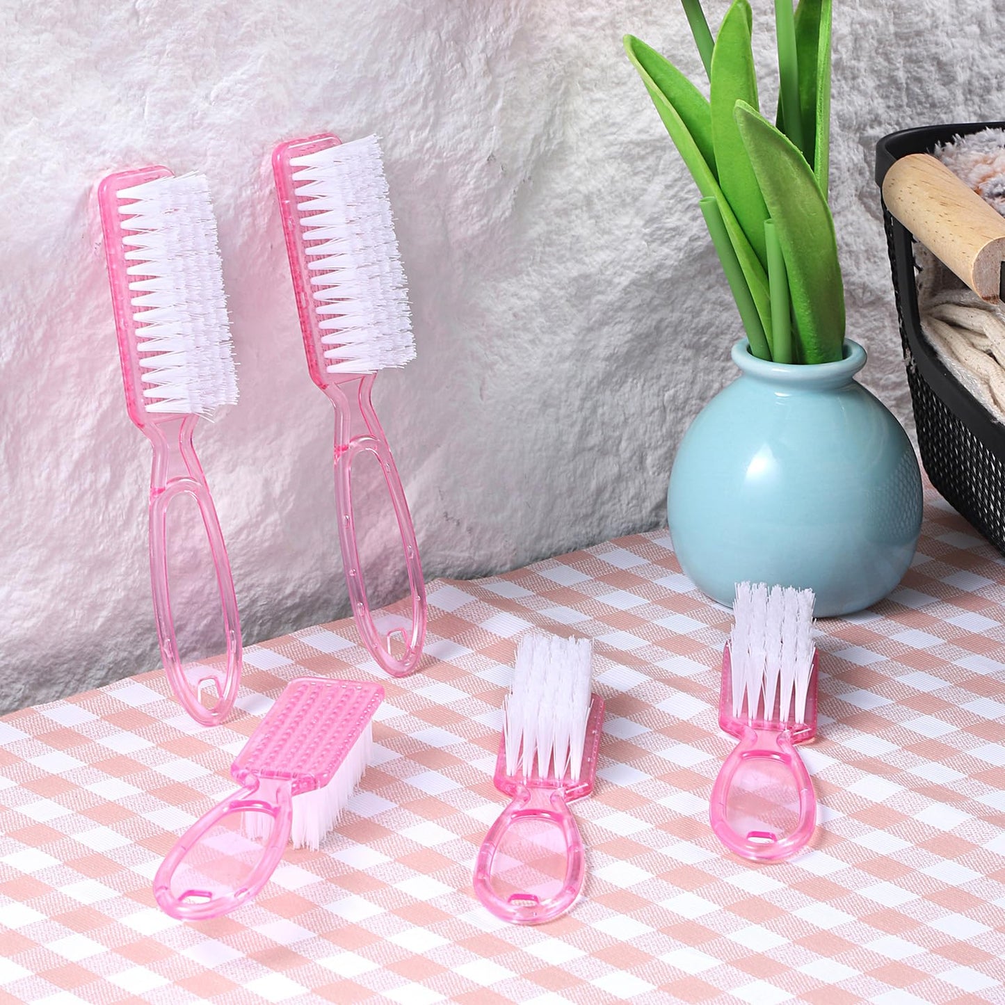 YBEATY 60PCS Handle Grip Nail Cleaning Brushes, Hand Fingernails Scrubber Brushes Pedicure Dust Brush Manicure Tools for Women Men Home Salon Nail Foot Toes Cleaner (Clear Pink)