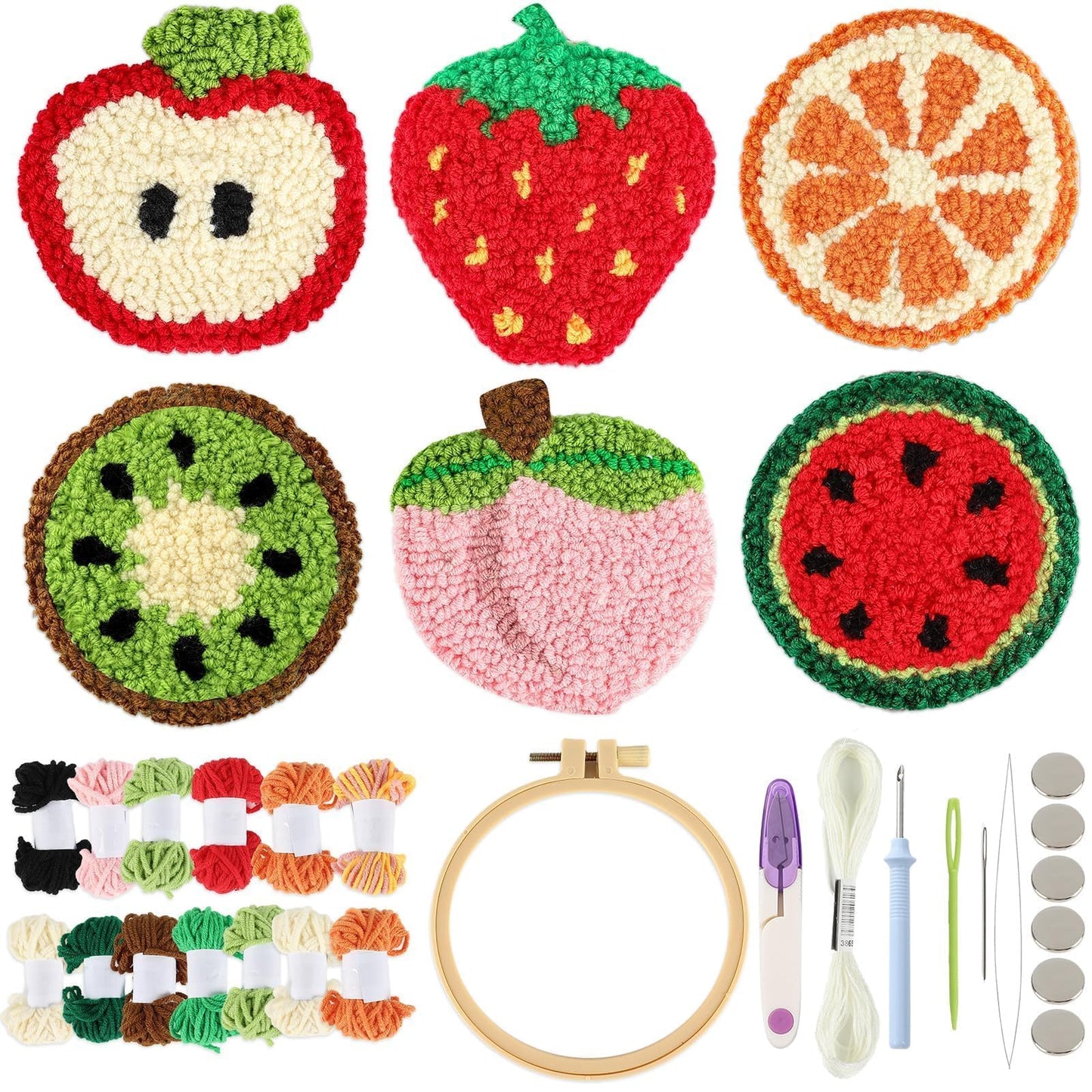Justforjoyful 6 Set Punch Needle Embroidery Coasters Craft Kits Punch Needle Refrigerator Magnets Kit Tool Threader Fabric for Christmas Winter Beginners Adults DIY Handmade Gifts Party(Fruit)