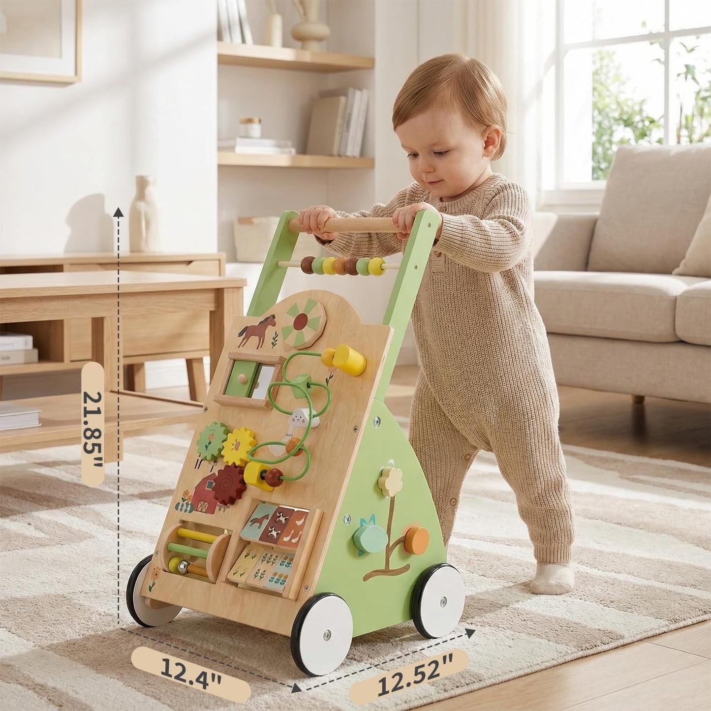 DUMOS Wooden Baby Push Walker, Montessori Activity Toys with Adjustable Speed for 1 Year Old, Silent Rubber Wheels, Green