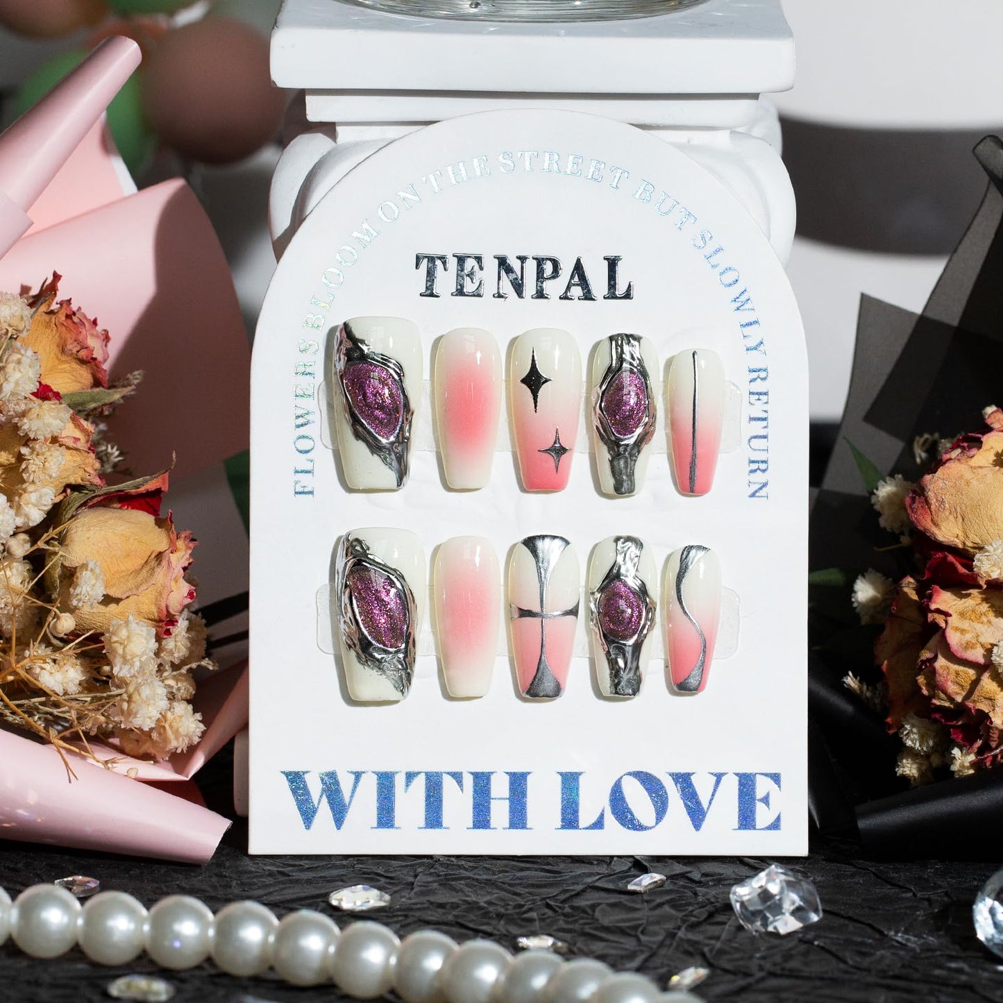 TENPAL 10pcs Coffin Press-On Nails Kit,Punk Metal Glam False Nails with Airbrush Blush Designs,Cat Eye Edgy Gradient Pink Nails with Rhinestones,Hip Hop Goth Chrome Fake Nails Set with Tools(M)
