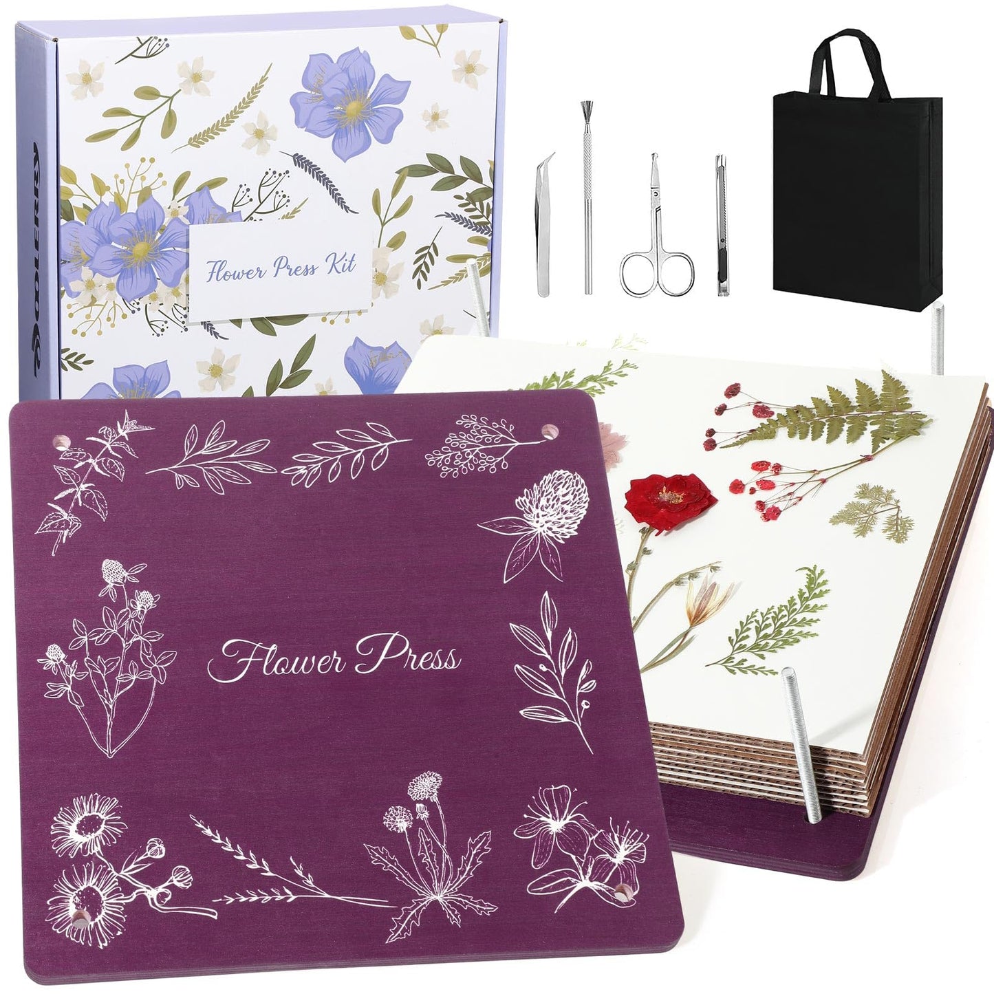 Hoolerry Extra Large Flower Press Kit 11" x 11" Wooden Floral Presser 10 Layers Wedding Bouquet Preservation Kit Dried Flower Art for Bookmark Floral Drying Gift(Lavender)