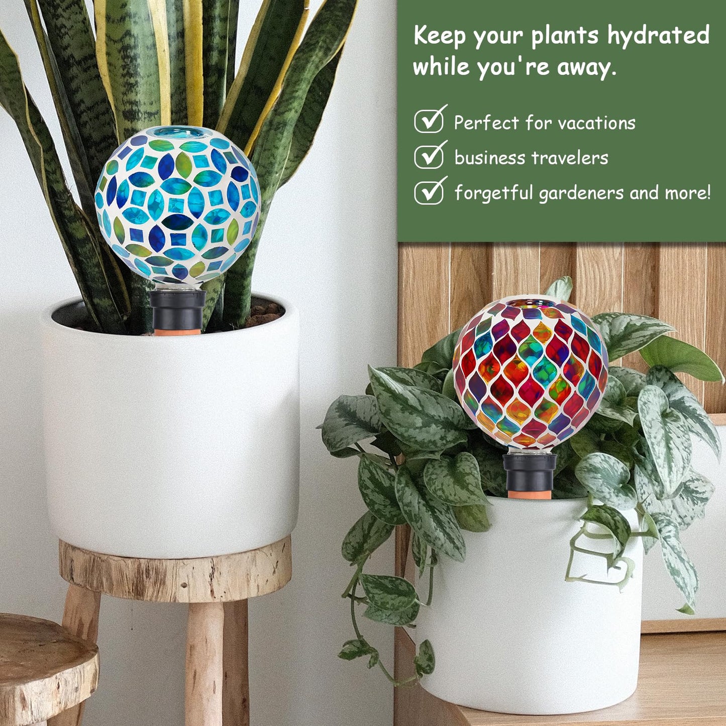 Chonsun Plant Watering Spikes Mosaic Self Watering Globes 2 Pack Large Self Watering Planter Insert Automatic Watering Bulbs for Outdoor Plants