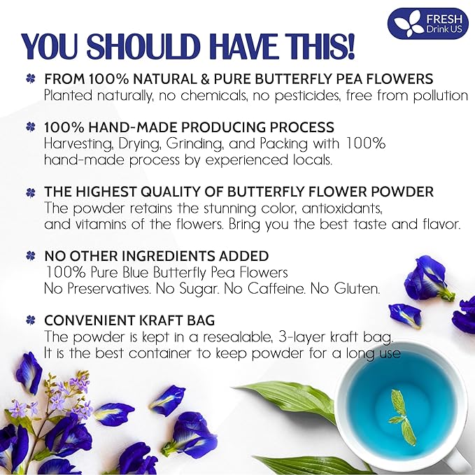 FRESHDRINKUS 6.5oz Butterfly Pea Flower Powder, 100% Natural and Pure, No Additives, No Gluten, No Sugar, Vegan