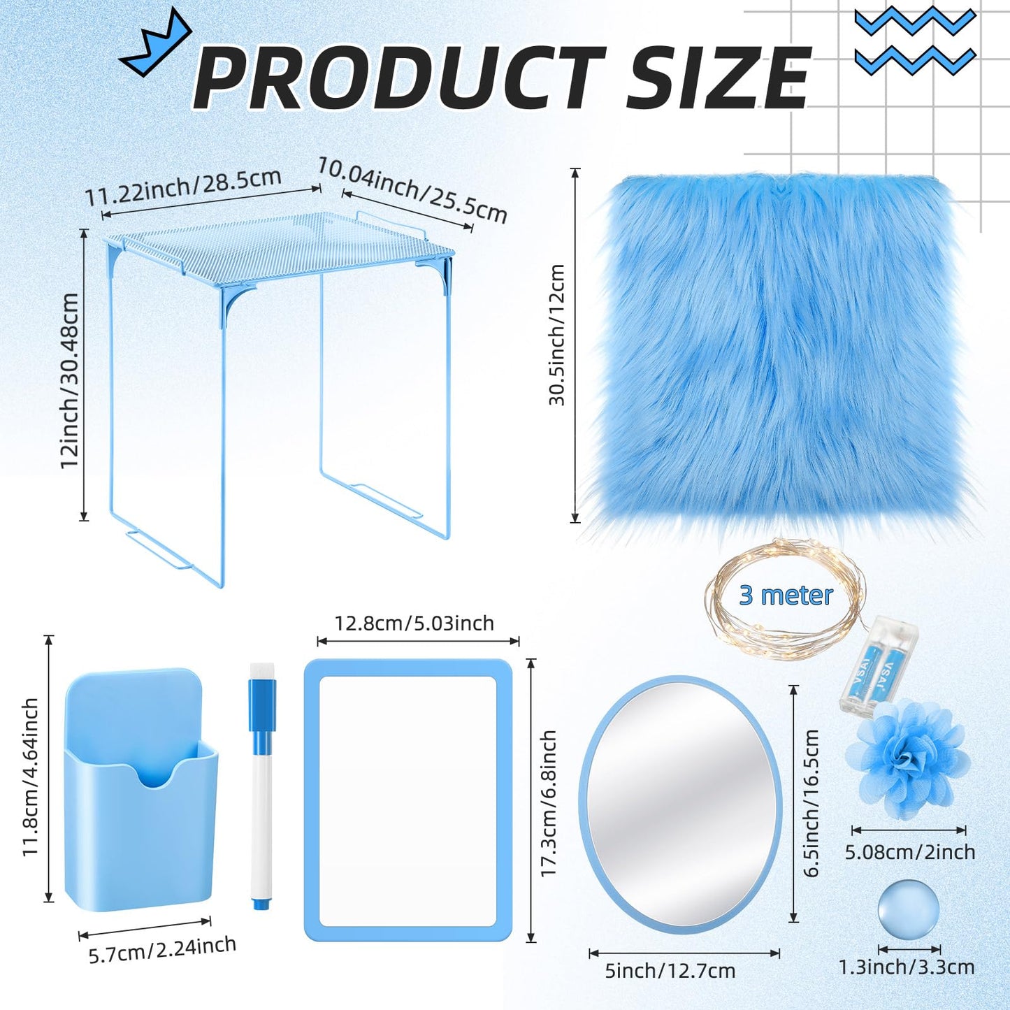 Patelai 11 Pcs Locker Accessories Kit Included Locker Shelf Magnetic Mirror Pen Holder Whiteboard Marker Faux Fur Rug Light String and Magnet for Back to School Essentials(Blue)
