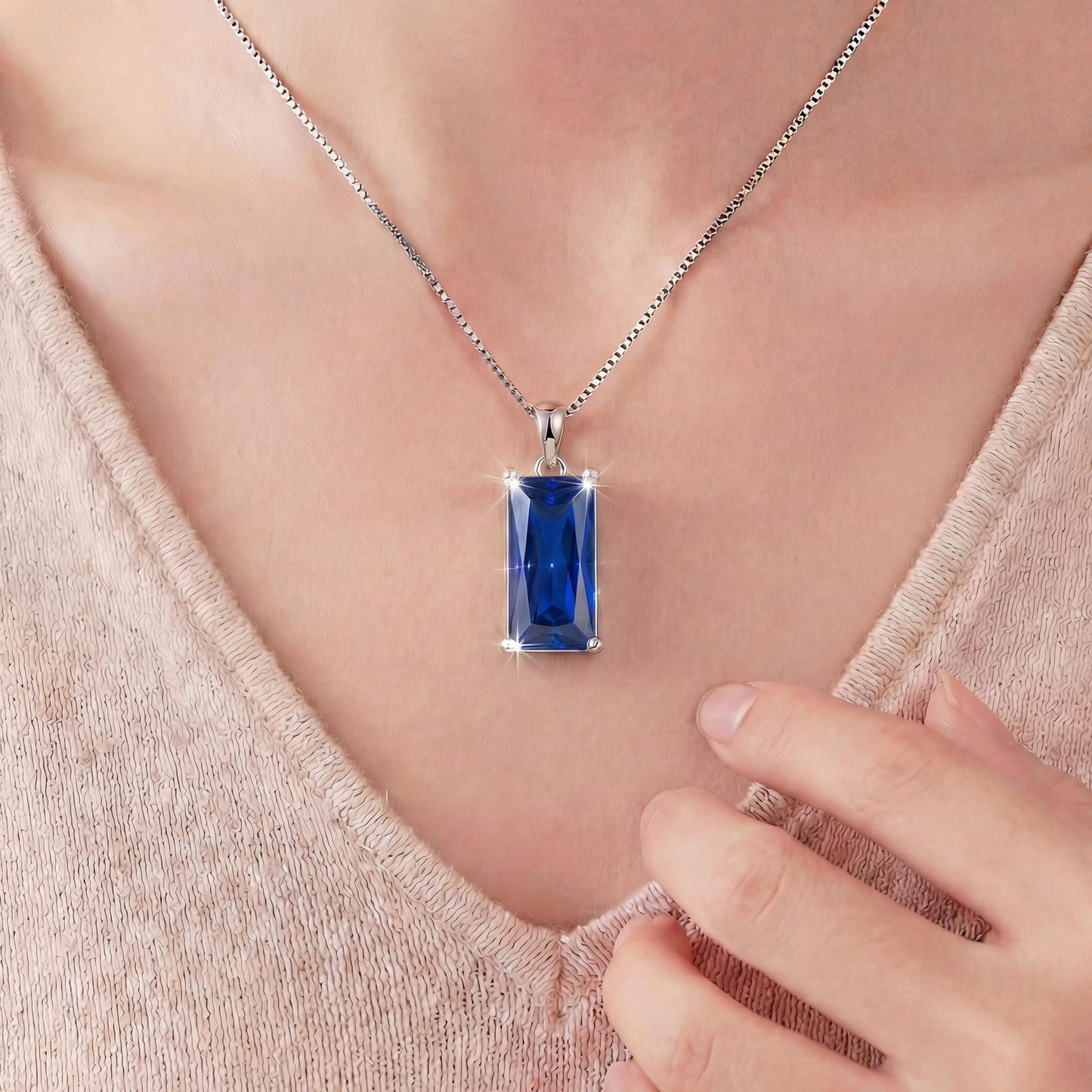 Kuschelkatze 8mm x 16mm Square September Birthstone Sapphire Pendant Necklace – Fashion charming Sterling Silver Gift for women