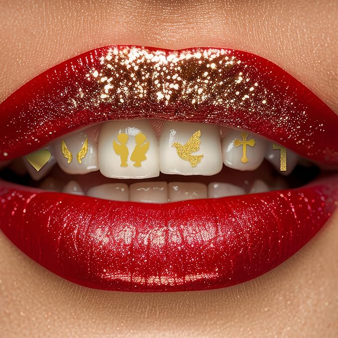 Halloween Tooth Bling Tattoo – Temporary Tooth Gem Kit for Teeth – Safe for Teens & Adults, Removable Fun Fake Tooth Tattoo Stickers for Halloween Costume, Party & Cosplay (Angelic)