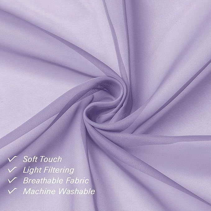 Lecloud Lavender Sheer Kitchen Curtains 54 Inch Length 2 Panels, Double Rod Pockets Window Living Room Light Purple Curtain, Balance Light & Privacy Solid Voile Girls Bedroom Drapes, 40W x 54L