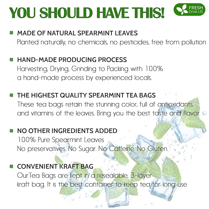 FreshDrinkUS Premium 135 Spearmint Tea Bags, 100% Natural & Pure Spearmint Leaves. Loose Leaf Herbal Tea. No Sugar, No Caffeine, No Gluten, Vegan