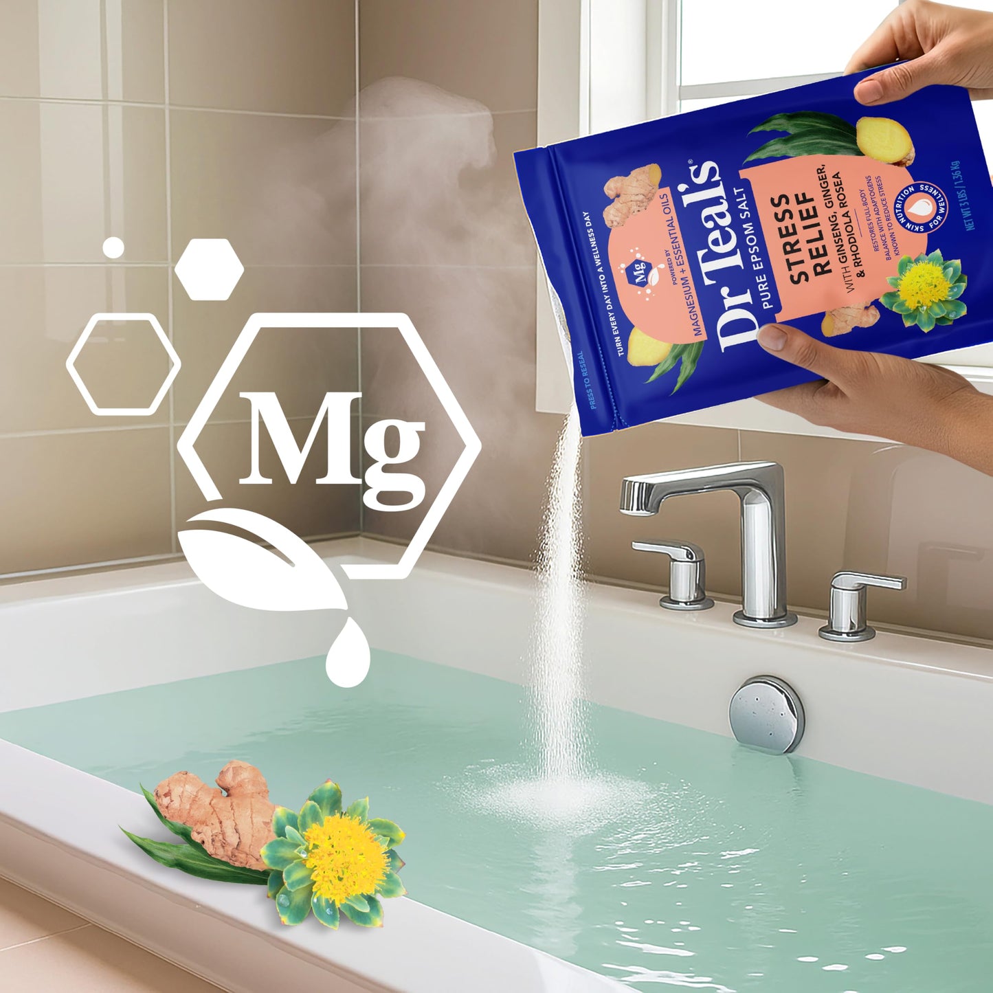 Dr Teal's Epsom Salt Magnesium Soak, Salt Stress Relief with Ginseng & Ginger Essential Oils, 3 lbs (Pack of 4)