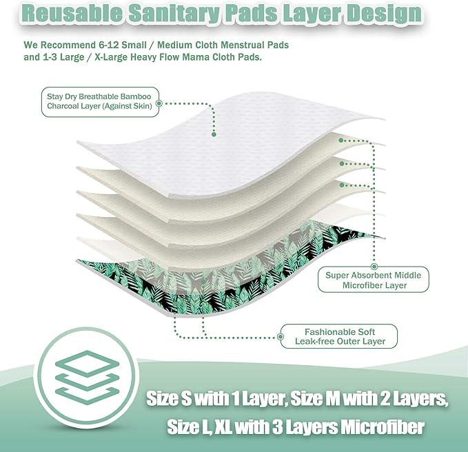 wegreeco Charcoal Reusable Menstrual Pads - Reusable Sanitary Pads | Reusable Panty Liners | Soft Cloth Menstrual Pads - 6 Pack with 1 Cloth Mini Wet Bag (Small, Leaves)