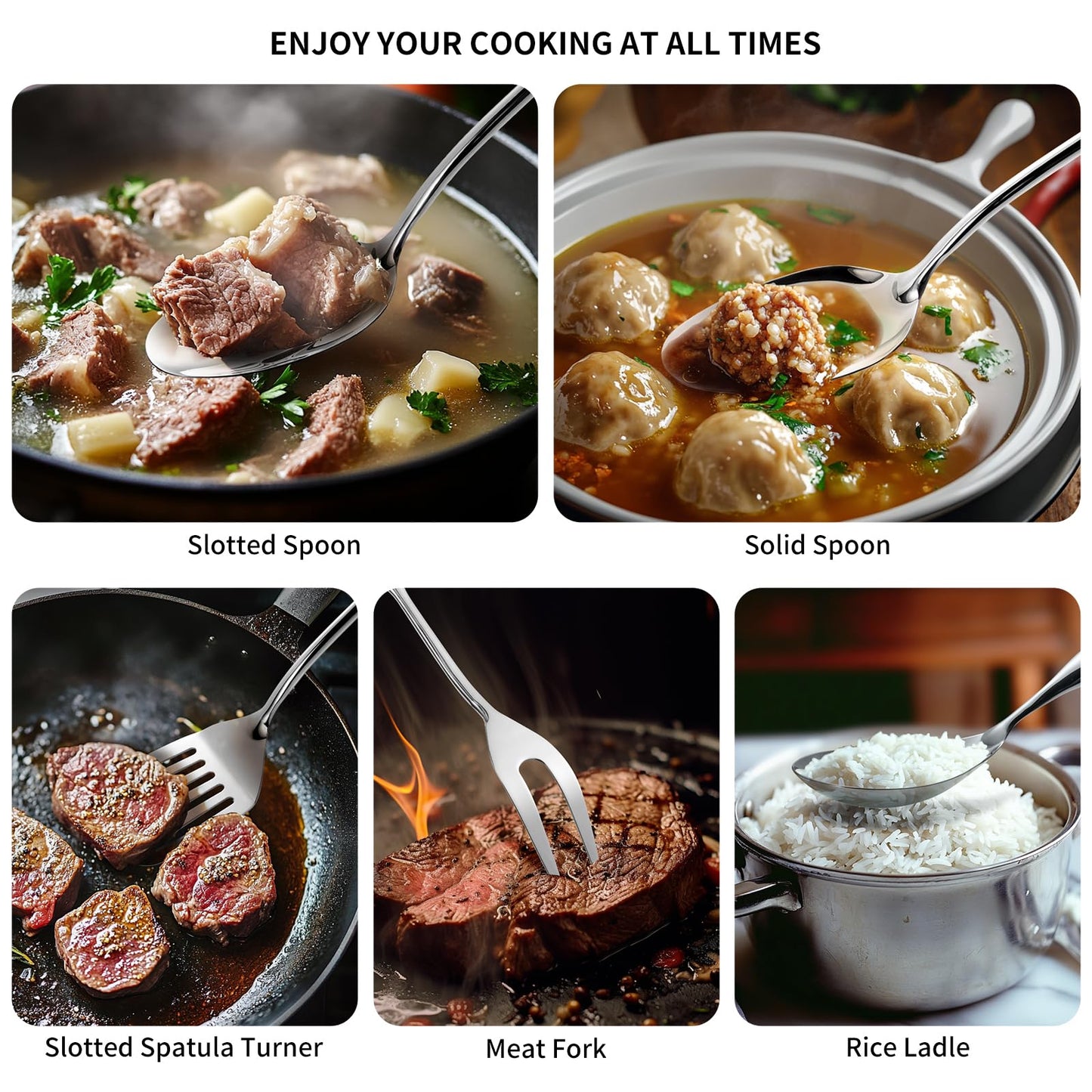 304 Stainless Steel Kitchen Cooking Utensils Set - 9 PCS Serving Utensils, Include Skimmer, Soup Ladle, Spaghetti Server, Wok Spatula, Slotted & Solid Spoon, Slotted Spatula Turner, Meat Fork (Silver）