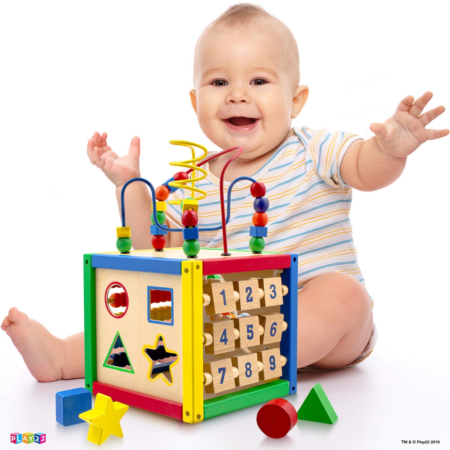 Play22 Wooden Activity Cube for Baby - 6 in-1 Baby Activity Play Cube with Bead Maze, Shape Sorter, Abacus Counting Beads, Counting Numbers, Sliding Shapes, Removable Bead Maze, 8Pcs Stacking Cups