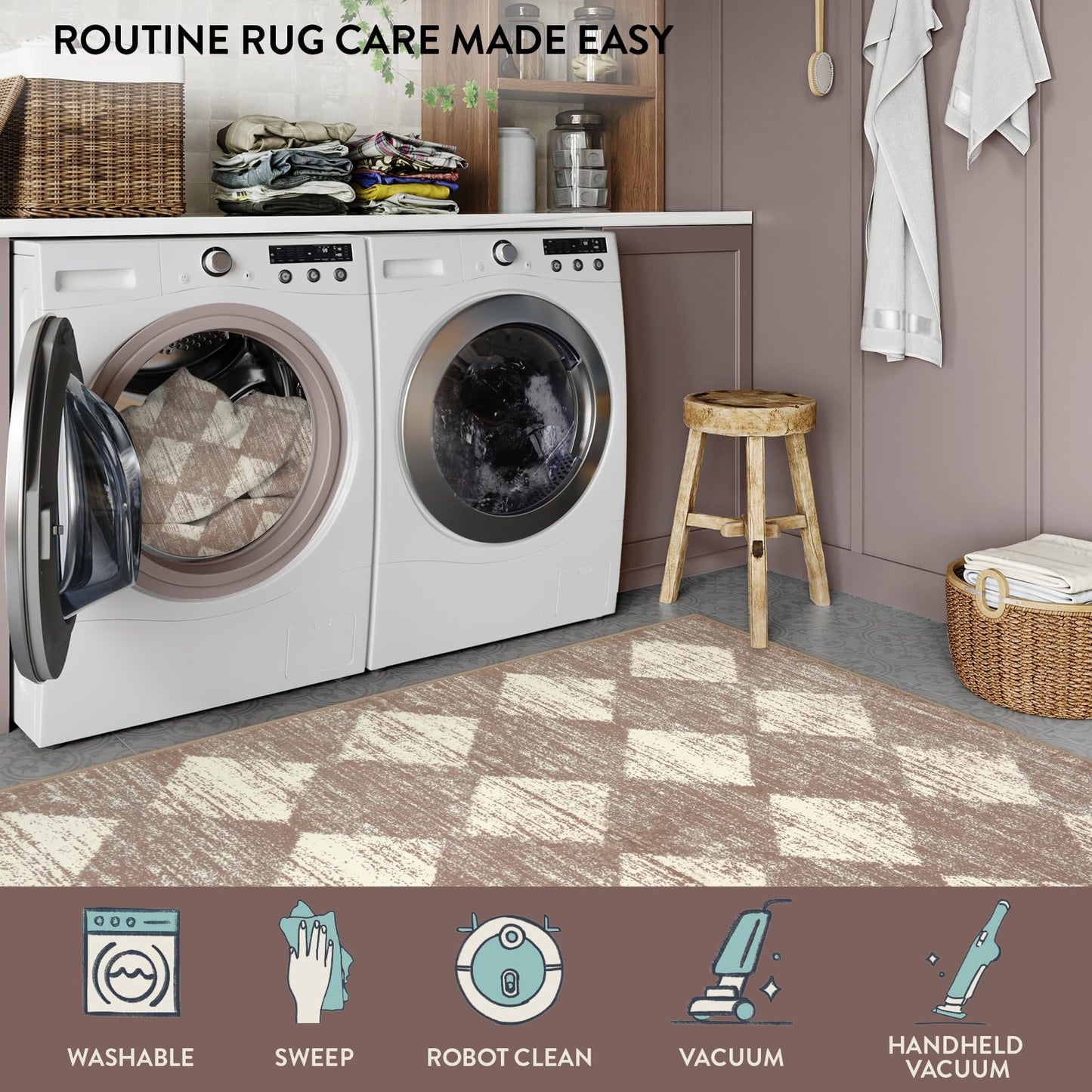 Lahome Zelie Moroccan Treills Runner Rug, 2x6 Beige Washable Rug Runner Carpet Runners for Hallway 6ft Non Skid, Checkered Kitchen Bathroom Non Skid Runners for Bedroom Hallway Entryway