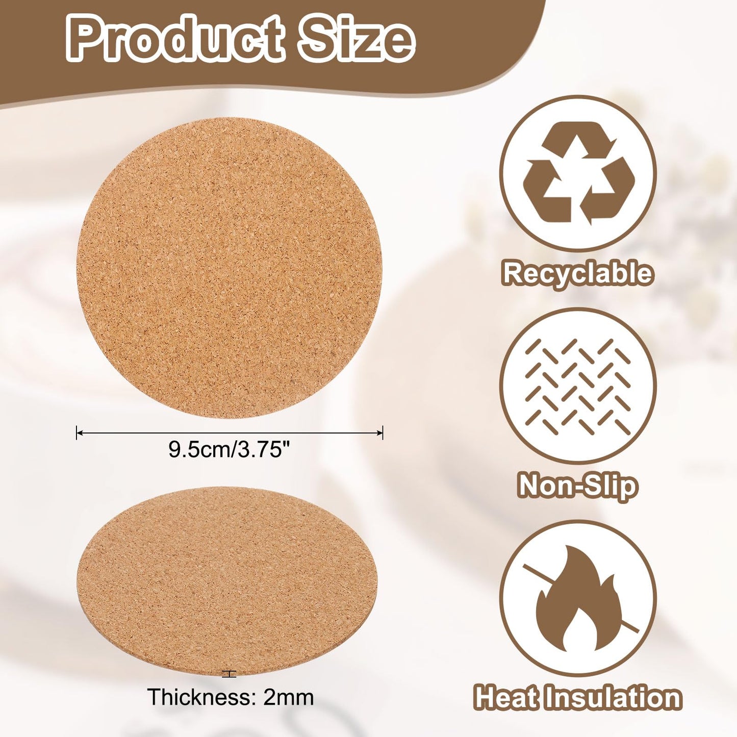 uxcell 60pcs Cork Coasters for Drink, 3.75 Inch Round Drink Coaster Heat Resistant Bar Coasters for Wine Glasses Cups Mugs Home Tabletop Decoration