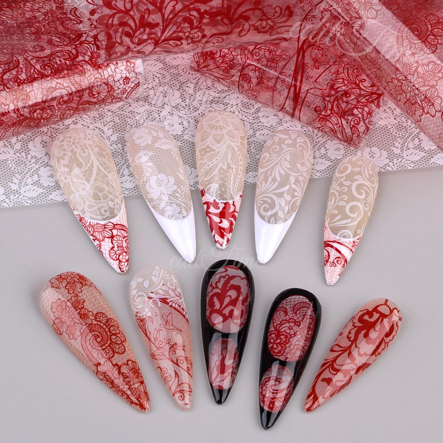 Lace Nail Foil Transfer Sheets, 10 Rolls Black White Red Flower Nail Art Transfer Foils Decals, Flower Nail Art Foils Decals Holographic Foils for Nails Manicure DIY (10 Rolls Red+Black+White)