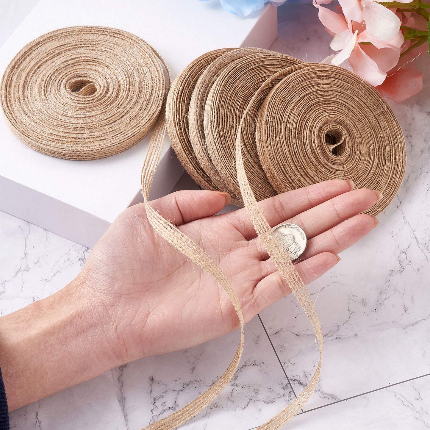 Pandahall 5 Rolls Natural Burlap Fabric Ribbon 1/4 inches Tan Jute Linen Ribbon Rolls for Party Decoration, DIY Crafts Gift Wrapping Christmas Making