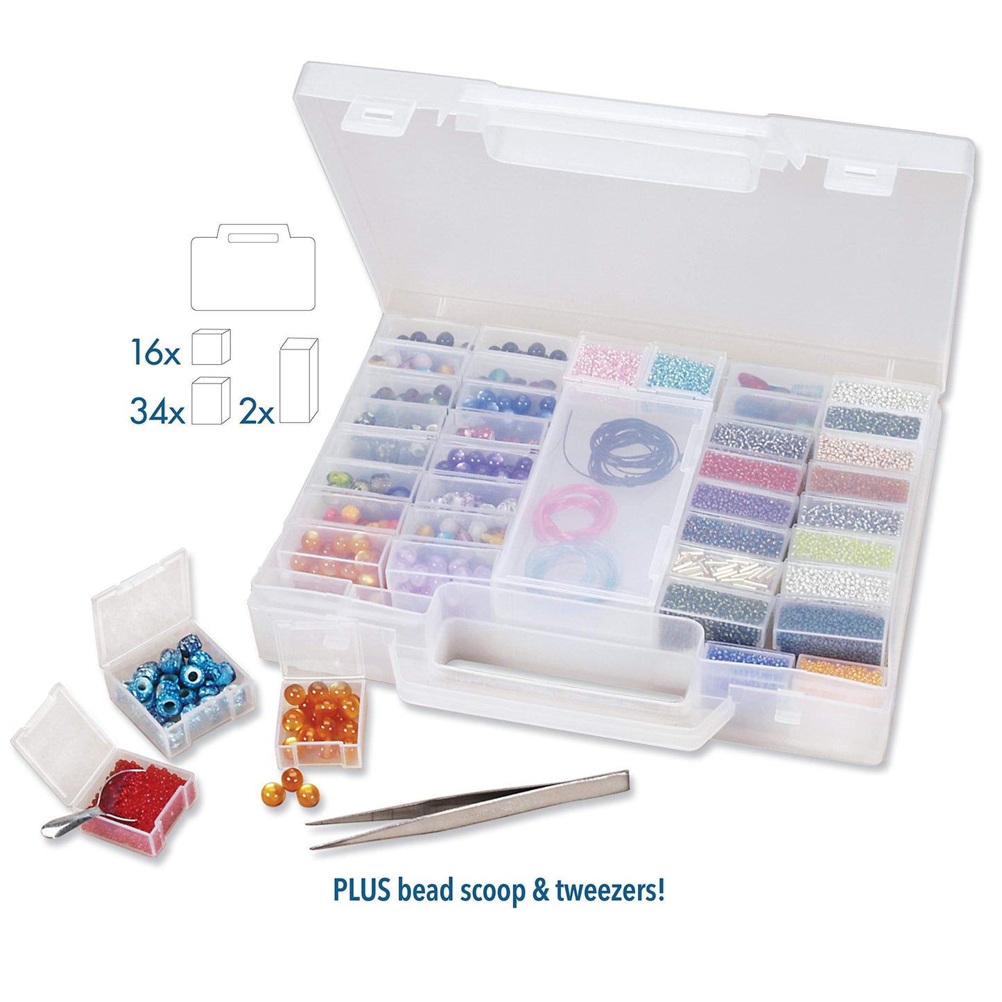 The Beadsmith Bead Organizer Carrying Case, 55 piece set, with removable compartments in assorted sizes, a carrying case, plus a bead scoop and tweezer.