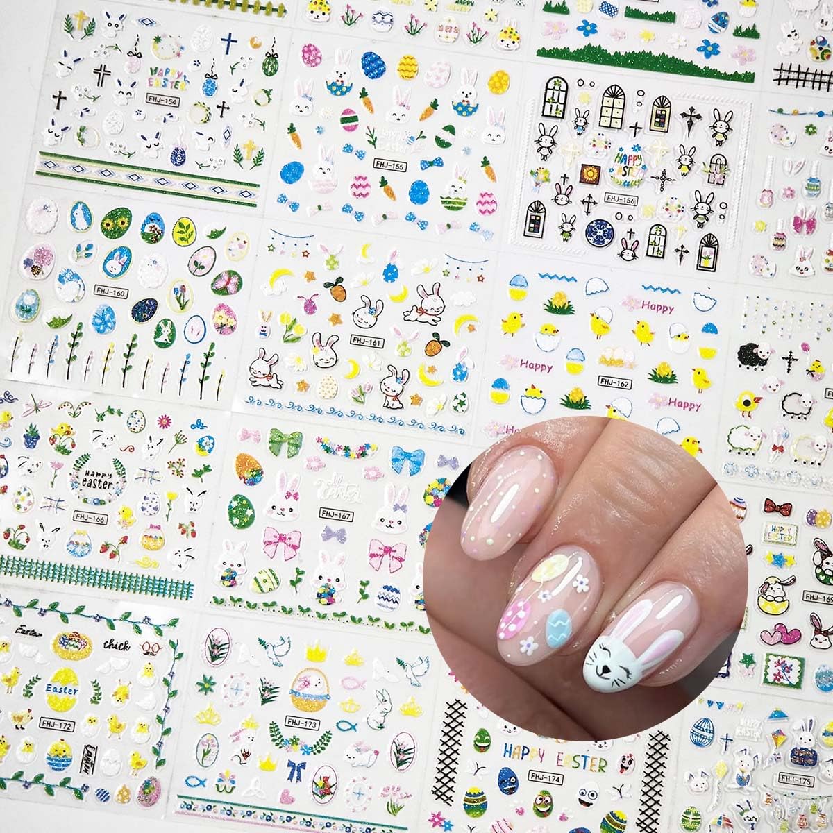30 Sheets Easter Nail Art Stickers 3D Self-Adhesive Cute Bunny Nail Decals Eggs Flower Design Easter Nail Stickers for Nail Art Women DIY Spring Summer Manicure Decorations Supplies