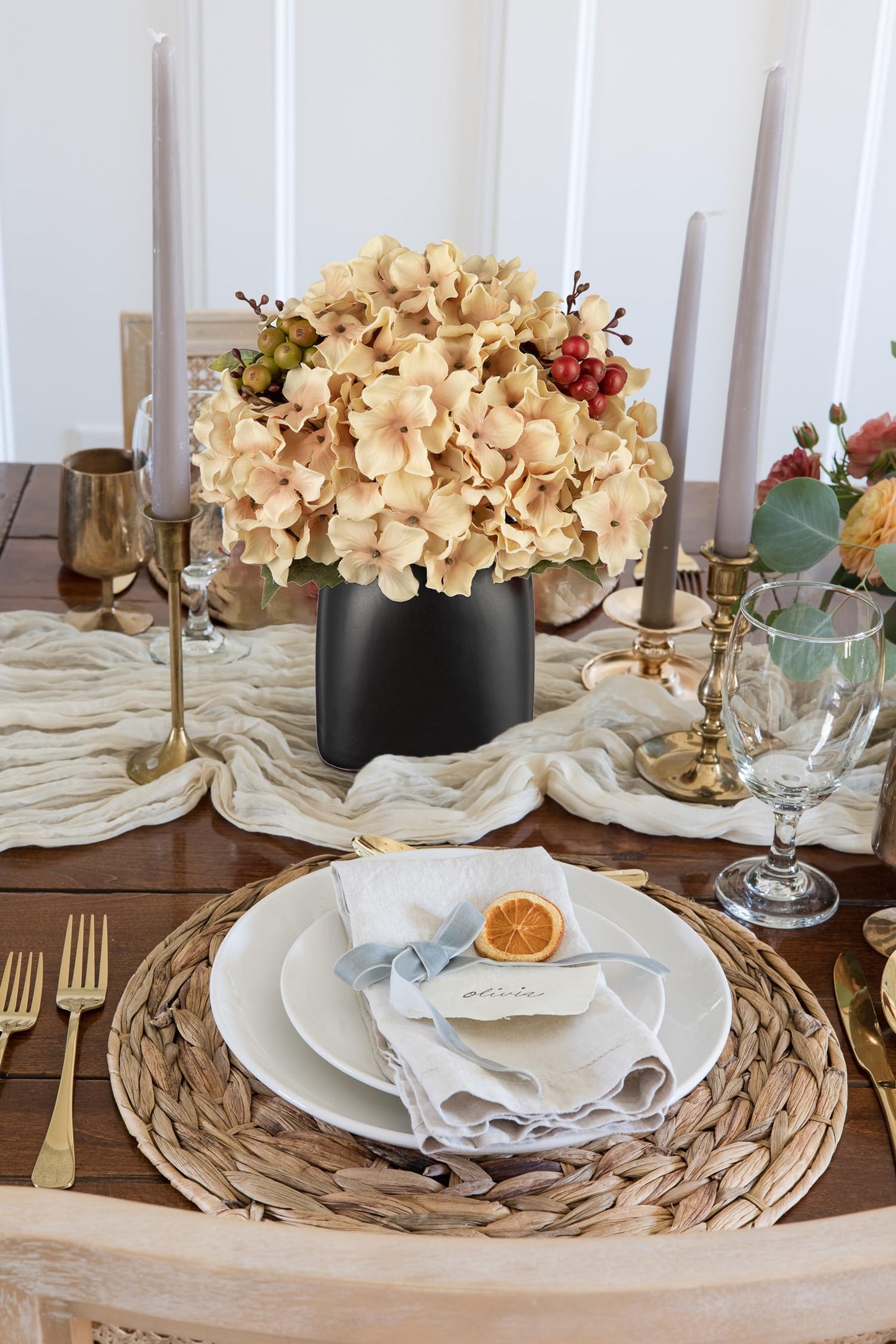 Briful Hydrangea Artificial Flowers in Ceramic Black Vase, Beige Silk Hydrangea Centerpieces for Tables, Realistic Dining Table Vase with Flowers for Farmhouse Home Decor Indoor