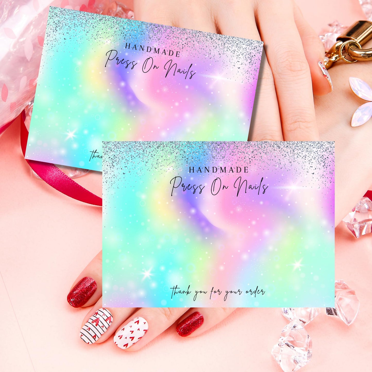 Lashicorn Handmade Press On Nails Display Card | 5x7” 30 pk w/Application Aftercare Instructions - Inserts Add To A Holographic Bags & Can Use With Double Sided Tape