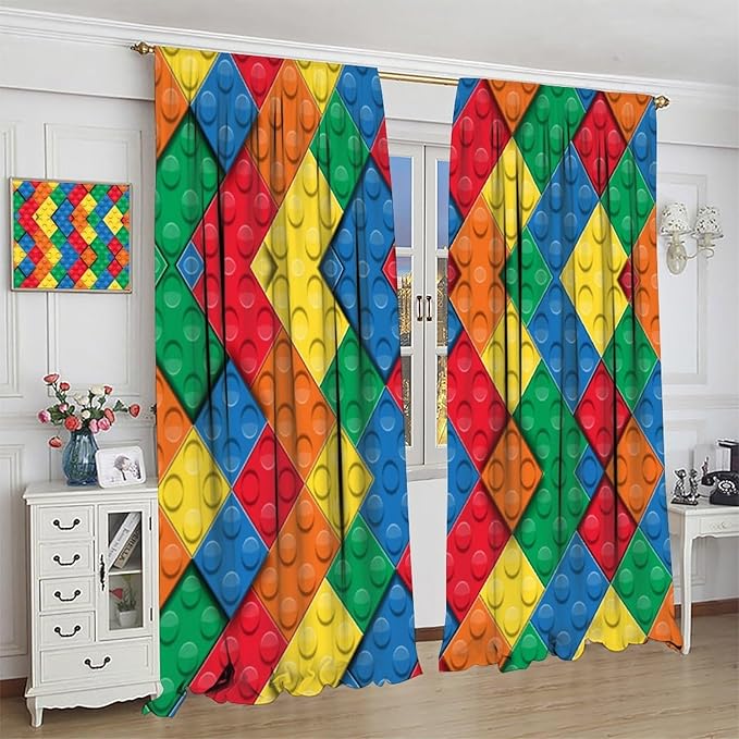 Kids Building Blocks Toy Curtains Boy Girl Room Printed Curtains Abstract Colorful Bricks Children's Nursery Blackout Curtains 63x63 Inches 2 Panels
