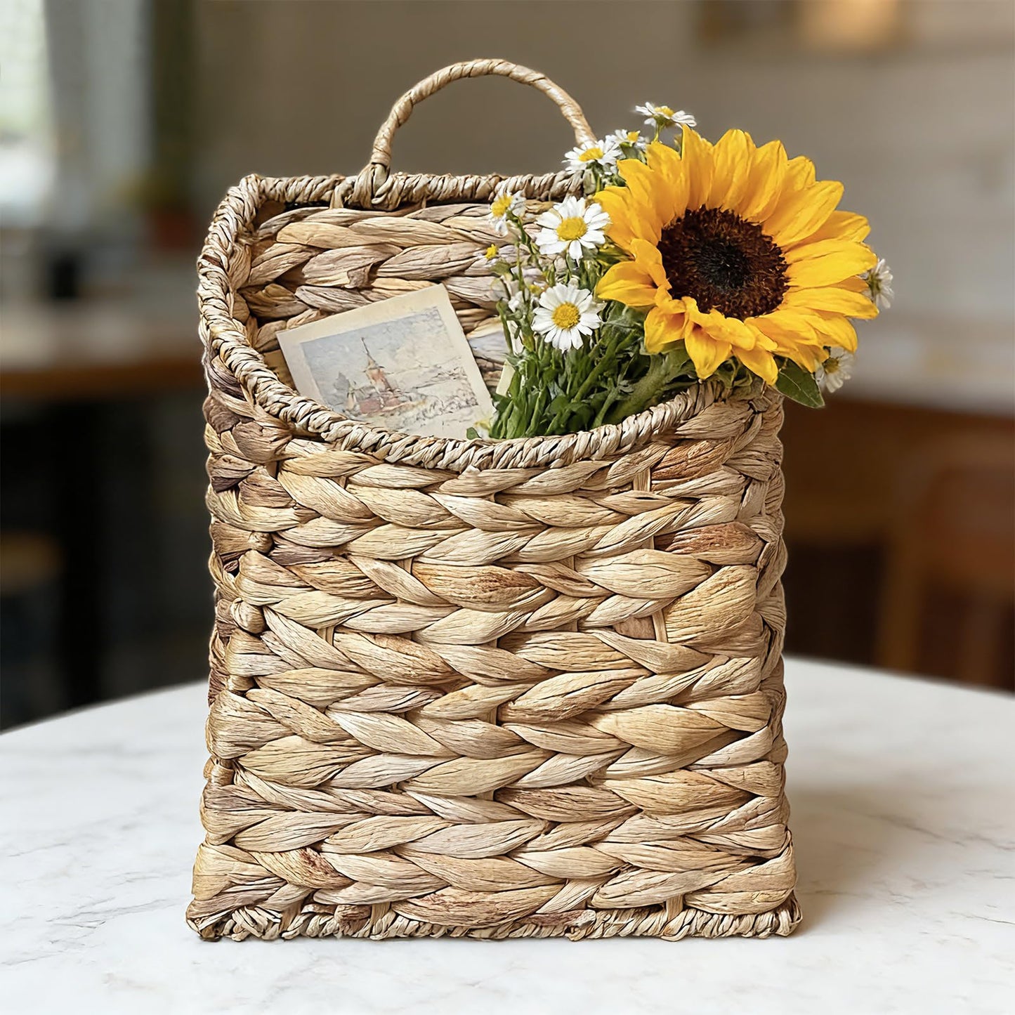 Woven Wall Hanging Basket - Handmade Water Hyacinth Flat Back Basket for Entryway Organizer, Rustic Farmhouse Wall Decor, Gift for Housewarming,Home Storage