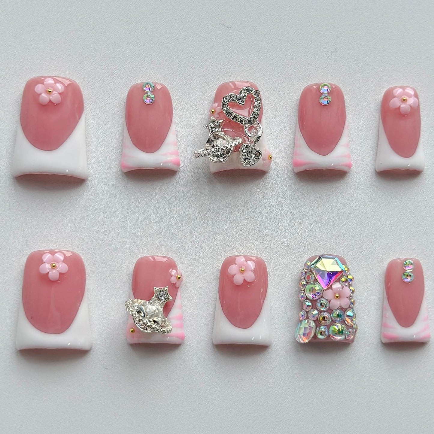 Luxury Press on Nails Short Duck Handmade 3D Unique Reusable ABS Material Fake Nails White French Tip False Nails with Designs Pink Flower Rhinestones Glossy Glue on Nail Thick Acrylic Nail(M)