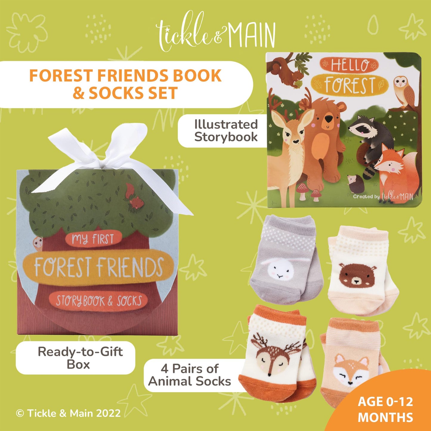 Tickle & Main Registry Gift Set - 5 Pieces, Forest Friends, 0-12 Months - Baby Socks Newborn & Hello Forest Board Book - Newborn Set, Gender Neutral