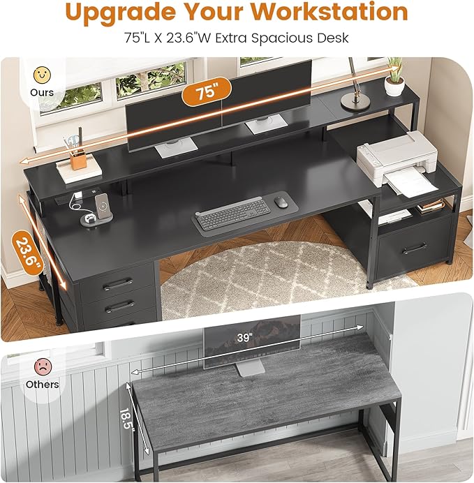 SEDETA 75'' Computer Desk with 5 Drawer, Power Outlet & Led Lights, Home Office Desk with File Drawer, Storage Shelves, Printer Cabinet and Monitor Shelf, 23.6" W Large Desktop Gaming Desk, Black