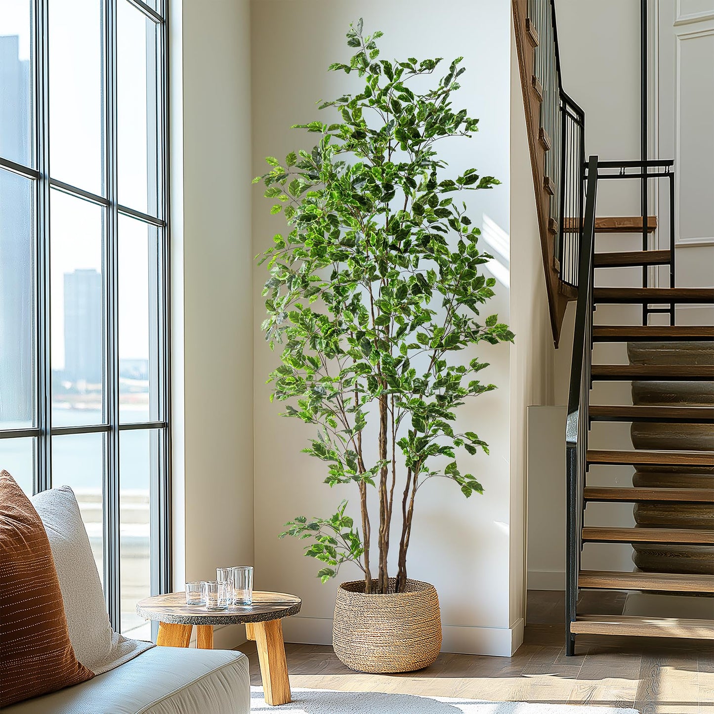 Bailikang Artificial Ficus Tree Indoor 8ft, Large Potted Faux Tree with Realistic Silk Leaves & Trunk for Home Office, Living Room Corner Decor