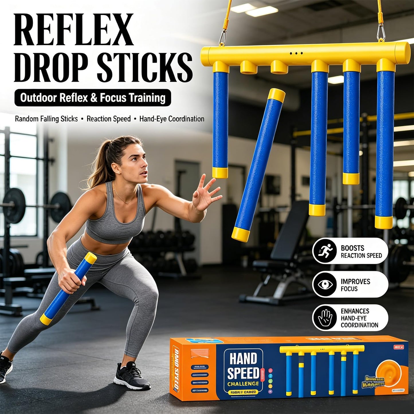 Reflex Drop Sticks Challenge Game, Reaction Time Training, Hand Eye Coordination Training, Upgrade Remote Control 3 Adjustable Speed Modes Hand, Fun Catching Stick Game (Yellow)