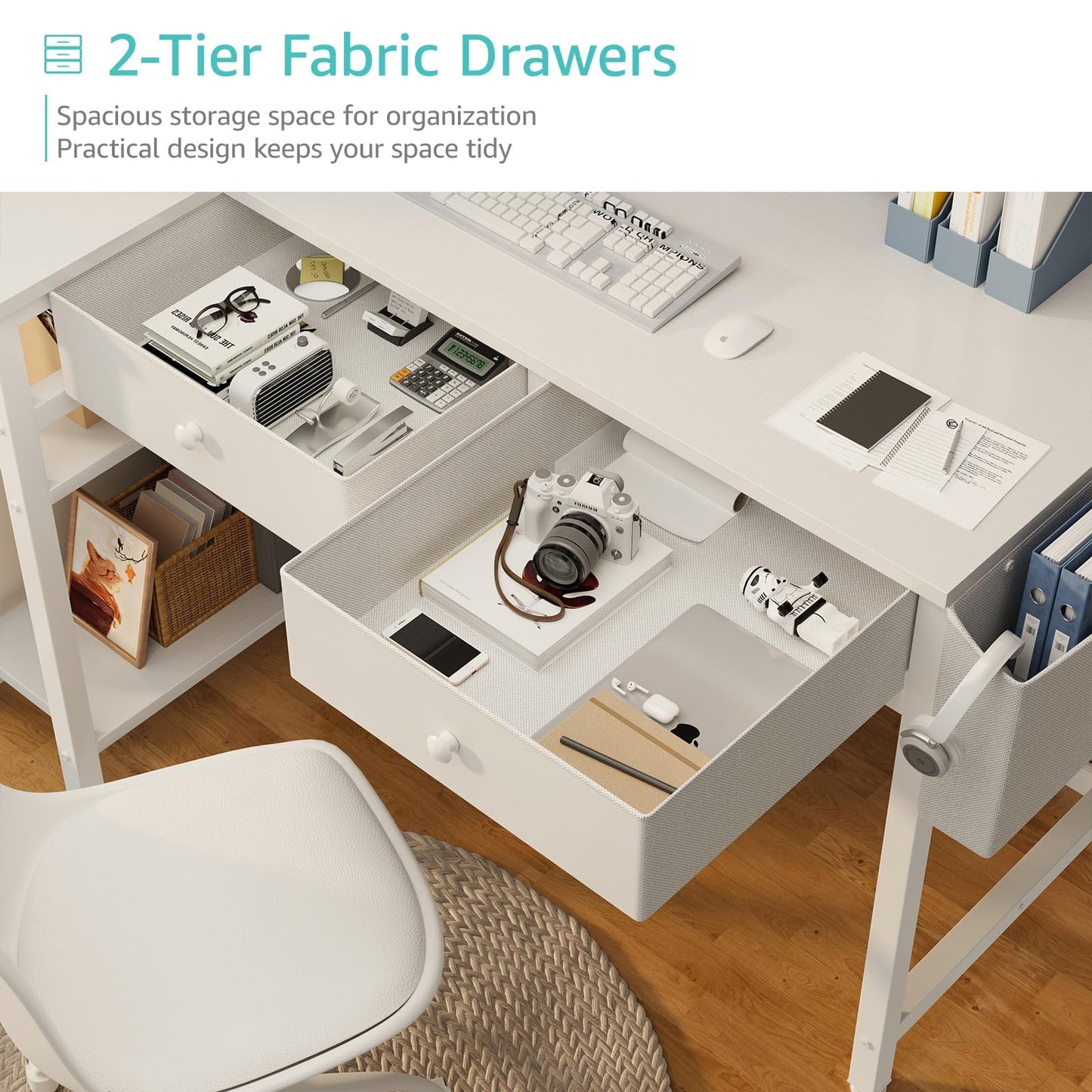DLisiting Small White L Shaped Desk with Drawers & Storage Shelves, 40 Inch Corner Desk with Power Outlet for Small Space Home Office, Study Work PC Desks for Bedroom