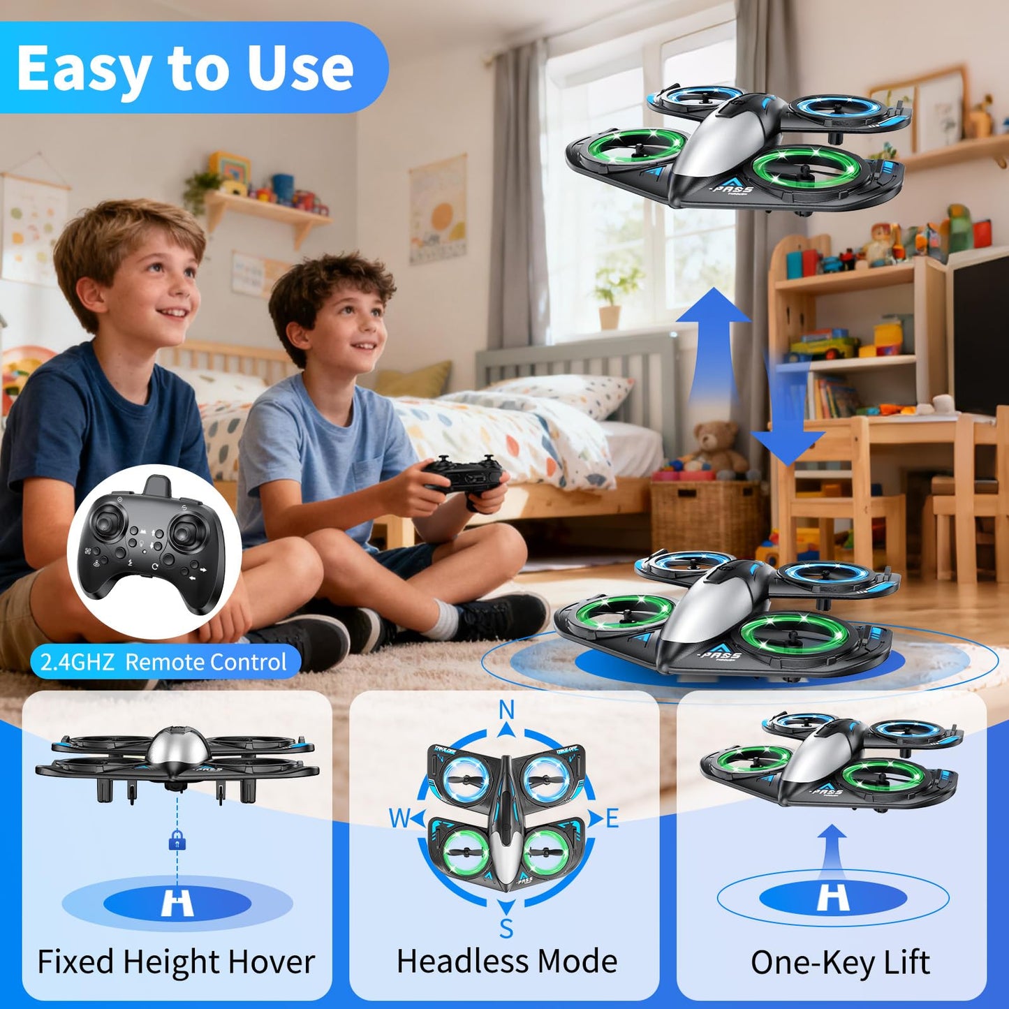 Elinoover RC Drone for Kids Beginners, Foam Remote Control Drone with Cool Lights, 360° Flip, Altitude Hold, 3 Speed Modes, Collision Protection and Ease of Use, RC Airplane Quadcopter Toy Gift for Boys and Girls