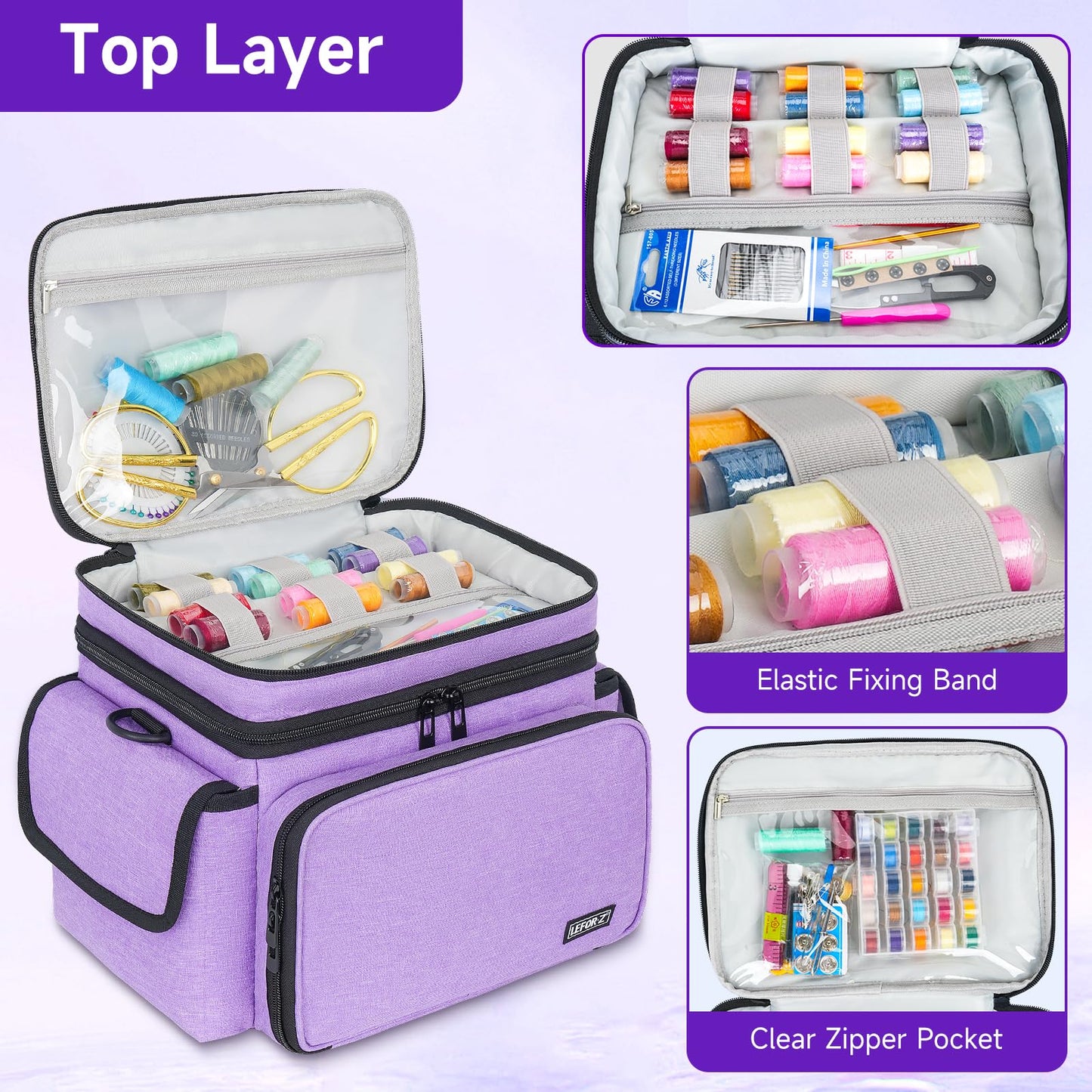LEFOR·Z Sewing Supplies Organizer Storage Bag,Double-Layer Protable Travel Sewing Basket for Sew Accessories & Tools,Purple(Bag Only)