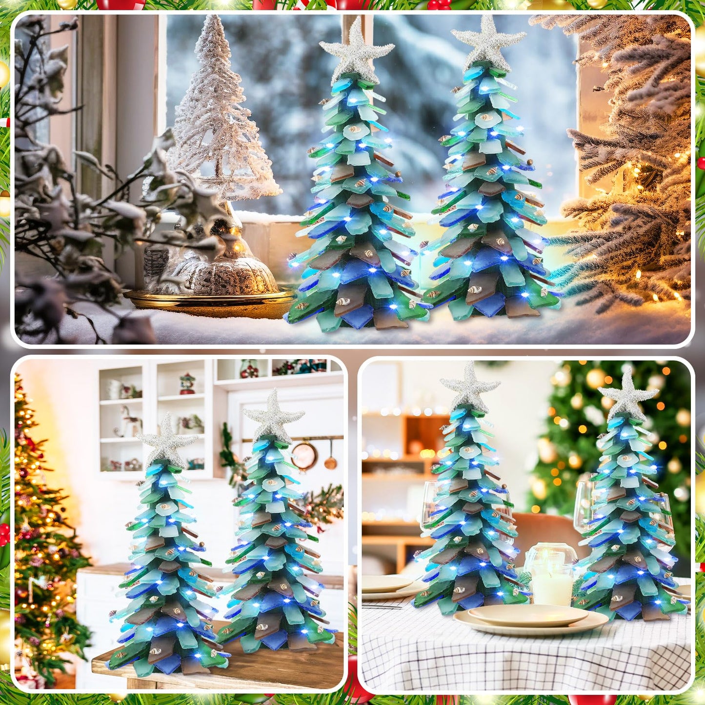 Innconee 2 Pack DIY Sea Glass Christmas Tree Handmade Kit Tabletop Shells Beach Christmas Trees Handcrafted Coastal Xmas Decor for Ocean Birthday Party Table Centerpiece (9.45'' X 3.15'')