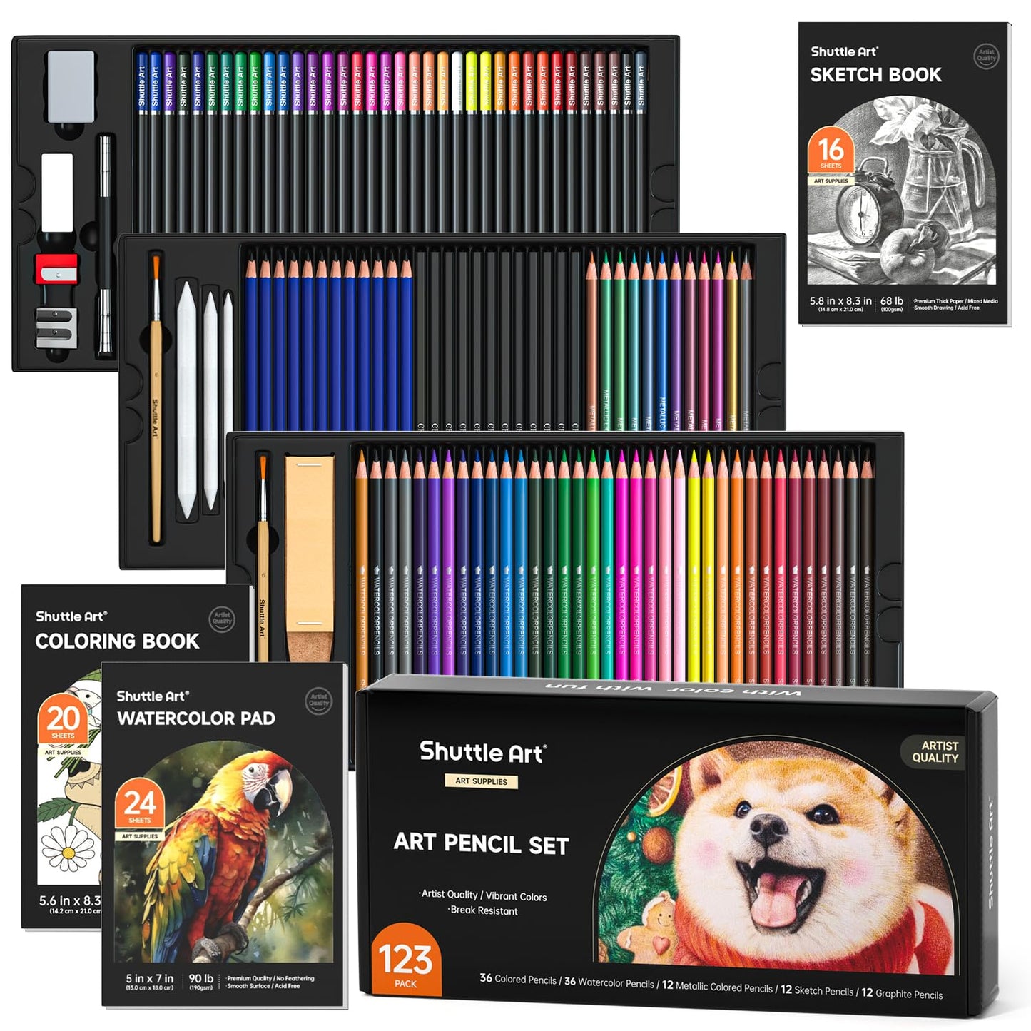 Shuttle Art Professional Drawing Kit, 123 Pieces of Drawing Pencils Set Includes Colouring Pencils, Watercolor, Charcoal, Graphite and Sketch, Ideal for Adults Children Artists