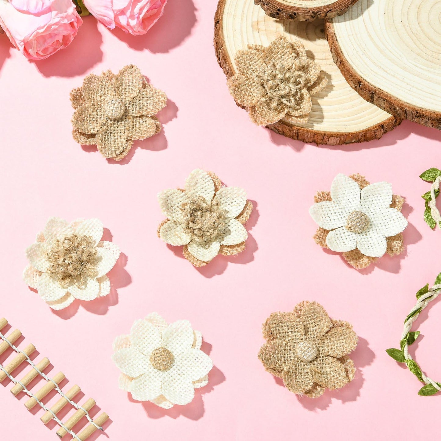 LiQunSweet 24 Pcs 6 Styles Handmade Natural Burlap 3D Fabric Flowers Burlap Rustic Ornament Accessories for Hat DIY Handmade Crafts Home Embellishment Wedding Party Decoration
