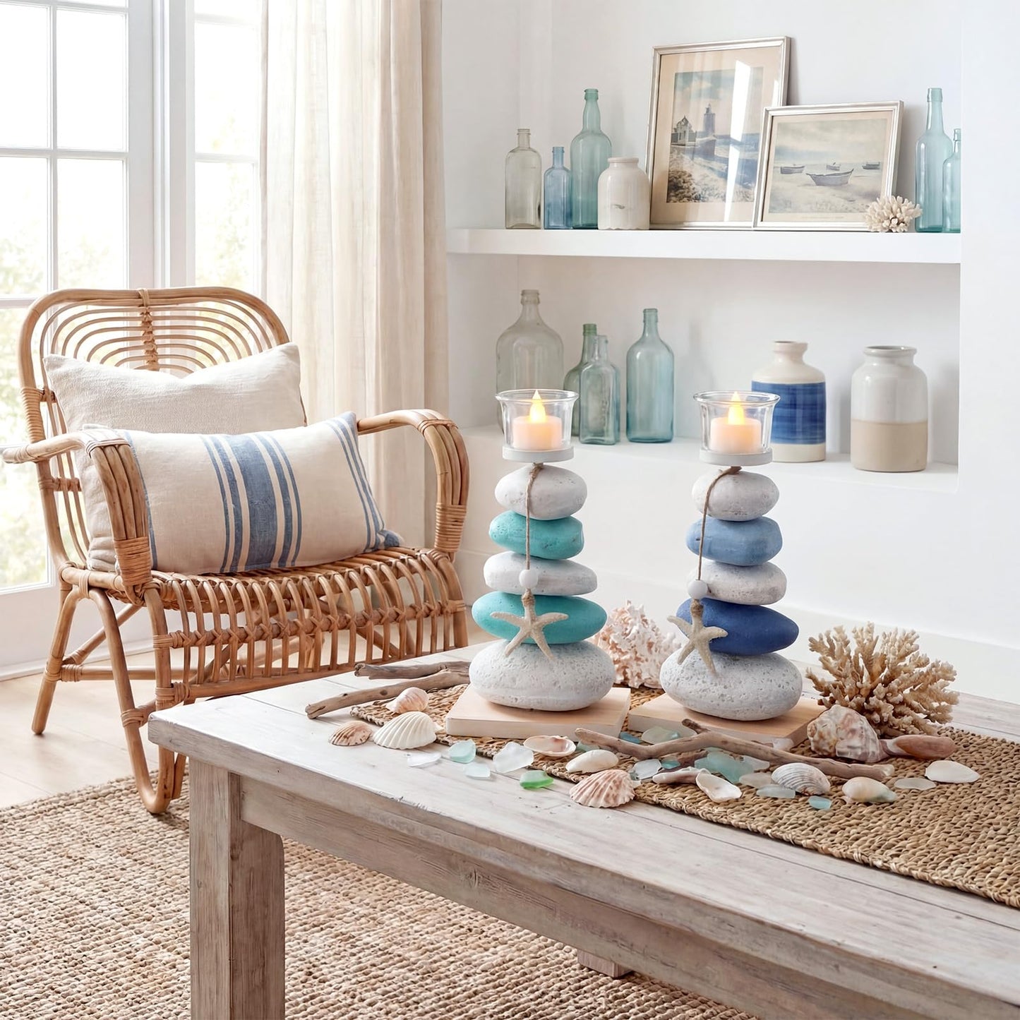 Mumufy 2 Pcs Farmhouse Coastal Candle Holder with Natural Stone Starfish, Stone Candle Holder Blue Teal Ocean Theme Drift Bottle Design Nautical Rustic Decor for Home Bathroom Table Centerpiece