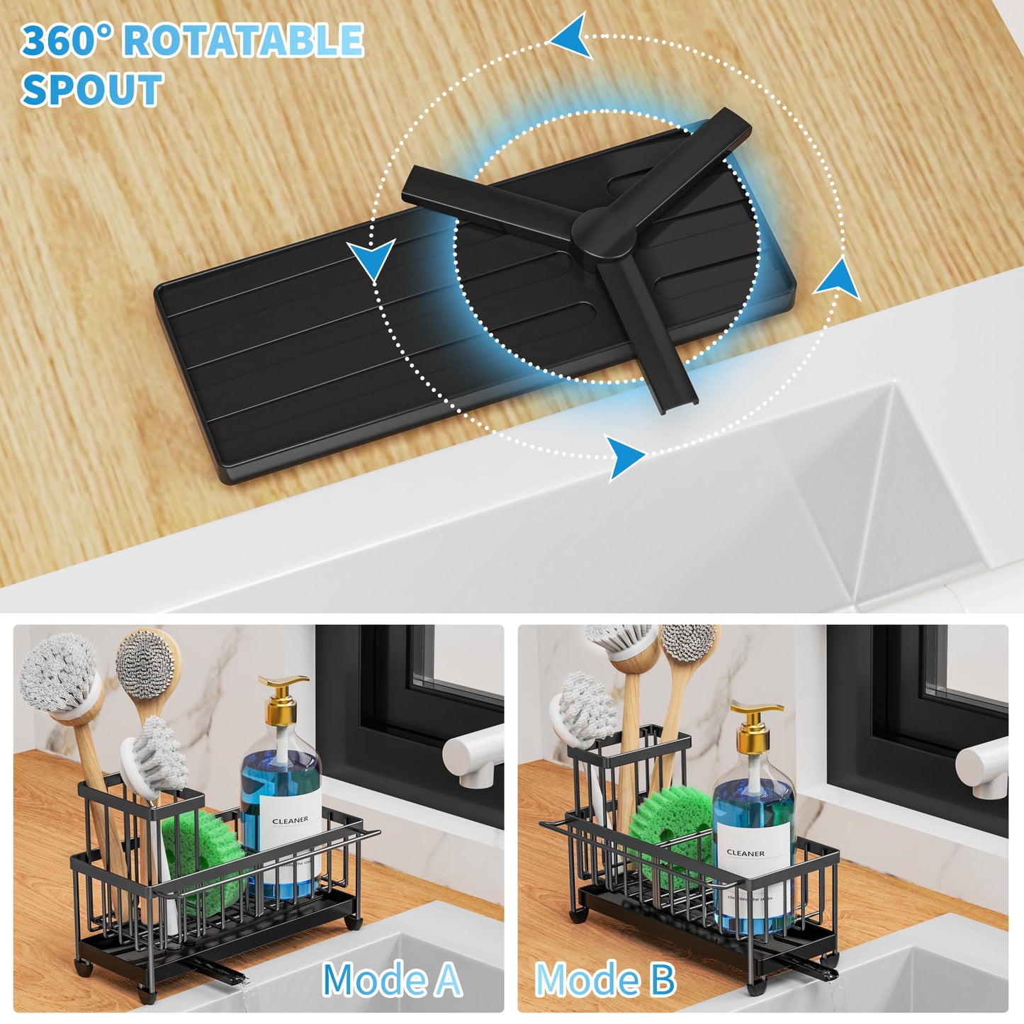Cisily Sponge Holder for Kitchen Sink, Sink Caddy Organizer with High Brush Holder, Kitchen Countertop Organizers and Storage Essentials, Rustproof 304 Stainless Steel (Black with Towel Rack, 9.25″)