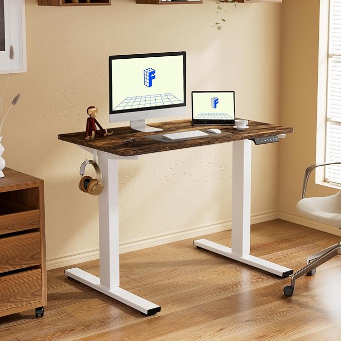 FLEXISPOT EN1 One-Piece Standing Desk, 48x24 Electric Sit Stand Desk for Home Office and Computer Workstation (White Frame + Rustic Top, 2 Packages)