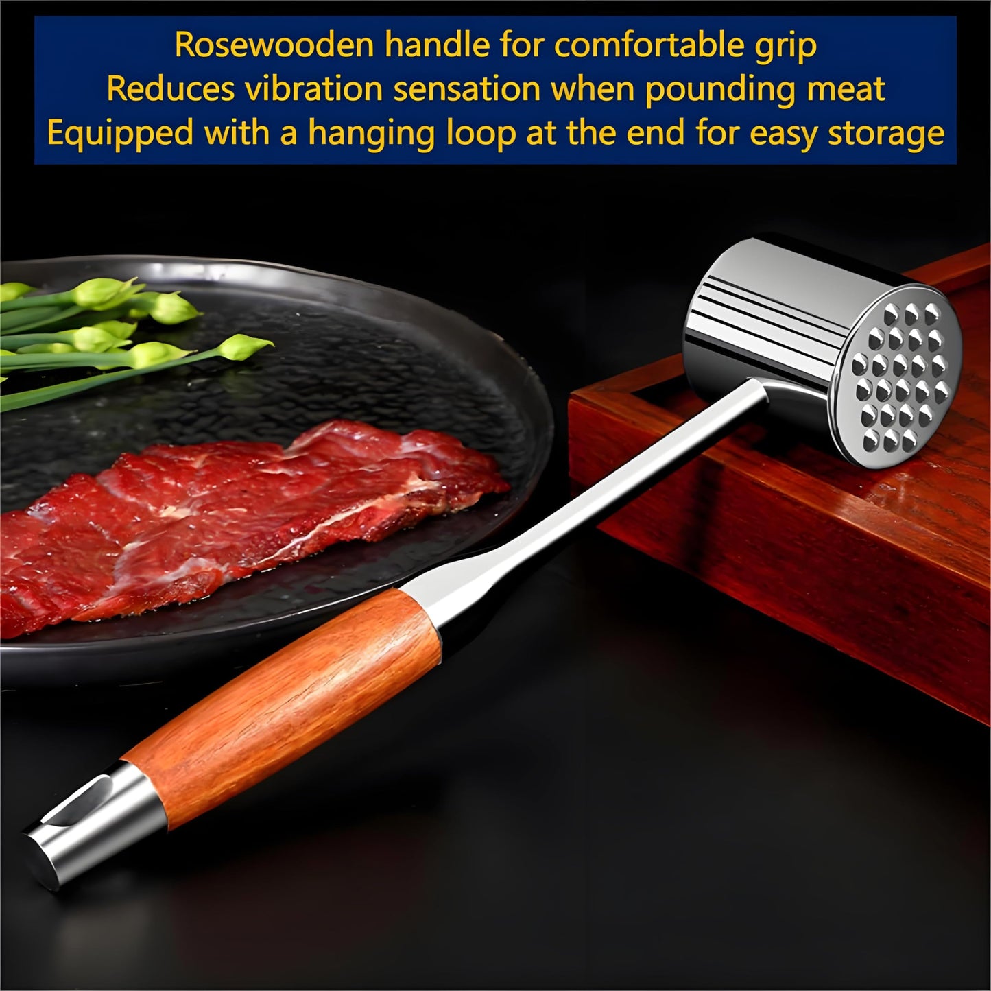 Aideart Meat Pounder,kitchen mallet 304SS,Meat Mallet Meat Hammer Meat Beater for Tenderizing and Flattening Meat,Meat Pounder Tenderizer for Pounding Meats, Hanging Loop,(Rosewood)