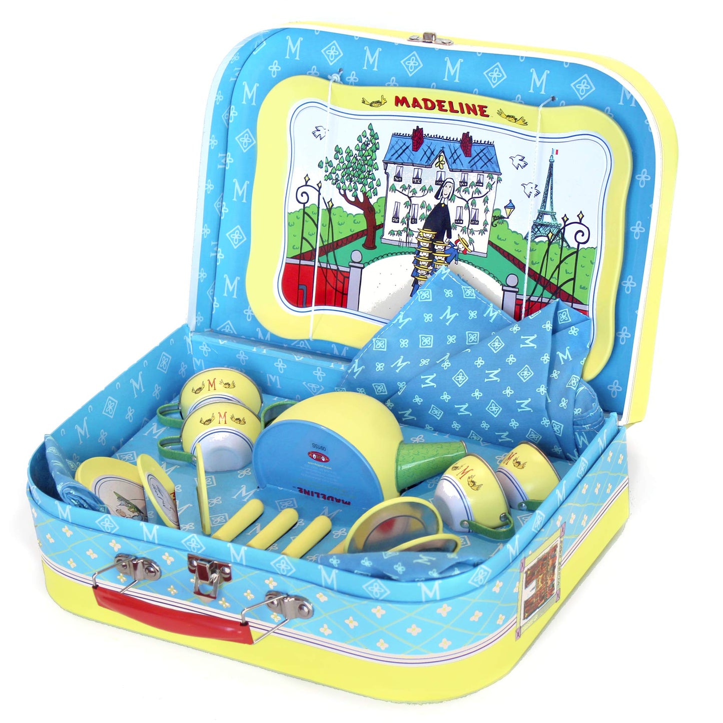YOTTOY Madeline Collection | 23-Piece Kids Tin Tea Set Toy w/ Illustrations, Monograms, Carry Case