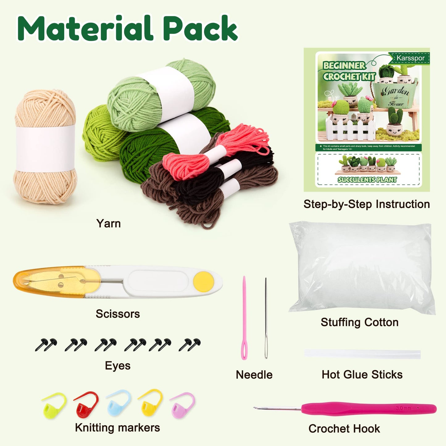Karspor Crochet Beginner Kit, Beginner Crochet Starter Kit for Adult, Crochets Set- 6 PCS Crocheting Succulents, Step-by-Step Instructions & Video Tutorials, Learn to Knitting Kits for Adults Beginner