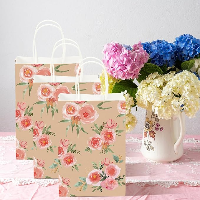 Karenhi 32 Pcs Small Floral Gift Bags with Handles Vintage Floral Paper Treat Bags Reusable Kraft Paper Tea Party Gift for Mothers Day Party Favors 8.7 x 5.9 x 3.2 In
