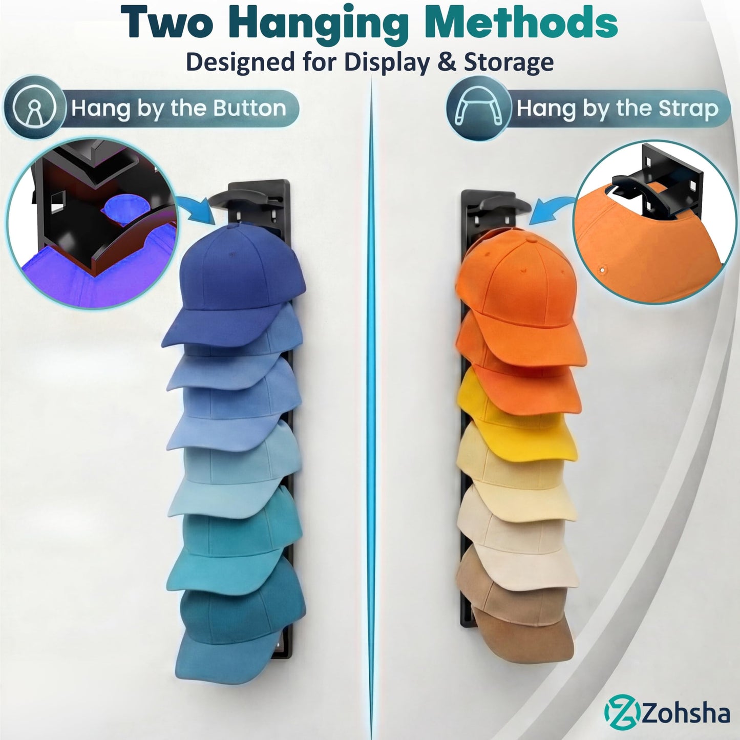 2 Pack Hat Organizer for Baseball Caps, Hat Rack with Strong Adhesive, Wall Mounted Hat Hooks for Hat Storage Display, Holds up to 20 Hats, Multi-Layer Cap Organizer for Closet Door and Bedroom(Black)
