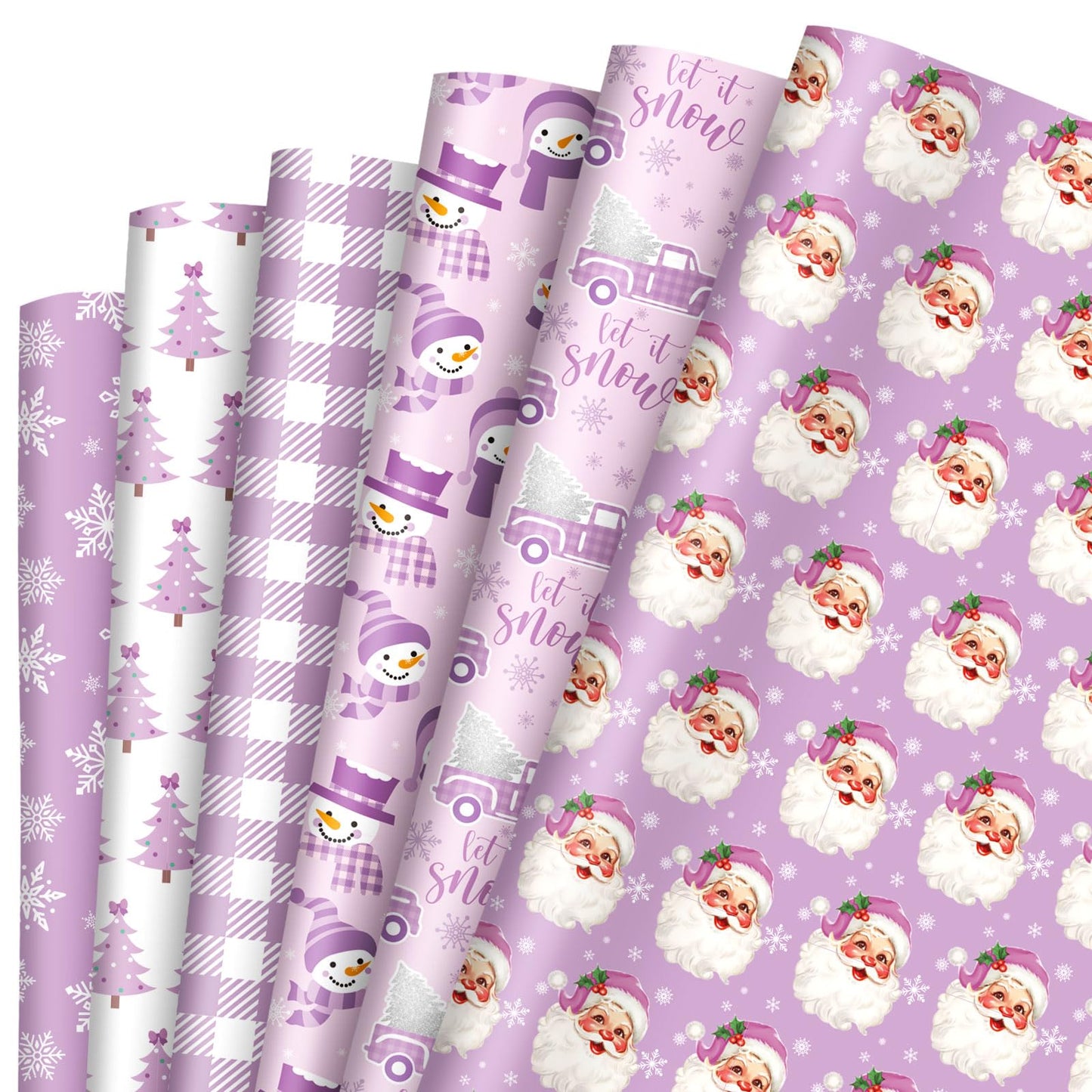 Whaline 12 Sheets Christmas Wrapping Paper - Not Roll - Purple Santa Tree Snowman Snowflake Gift Wrap Paper Folded Flat for DIY Crafts Xmas Winter Holiday Party, 19.7 x 27.6 Inch