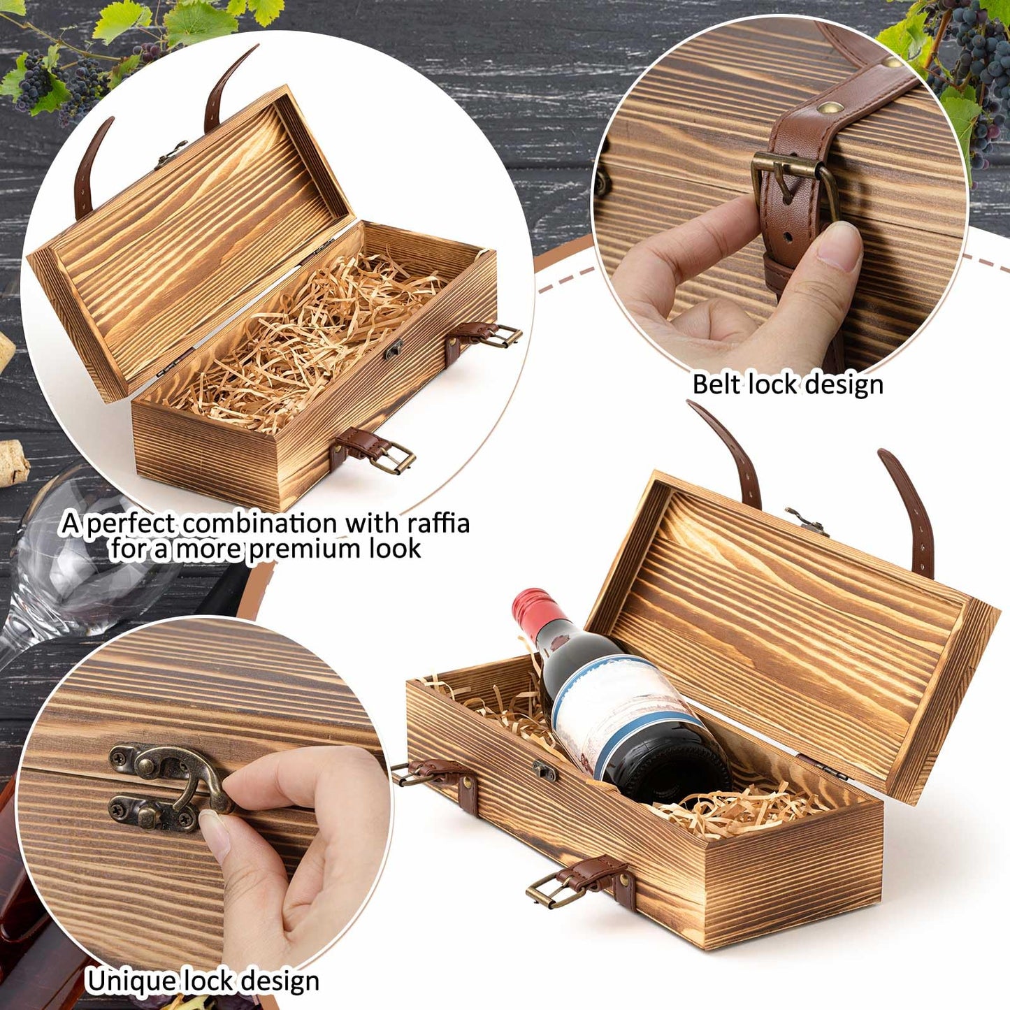Briwooody 1 Pack Vintage Wooden Wine Gift Box - Rustic Wine Bottle Gift Case Single Bottle Holder with Leather Buckle Straps and Locking Latch for Birthday, Wedding, Anniversary, Housewarming
