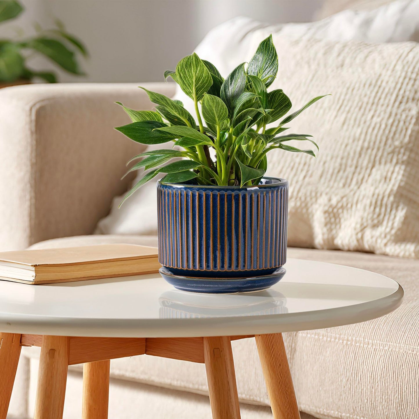 SURE YUESI Navy Blue Ceramic Plant Pots Set of 3 (4.3”+5.5”+6.7”), Indoor Striped Planters with Drainage Hole, Mesh Pads, Decorative Pots for Plants & Gardening