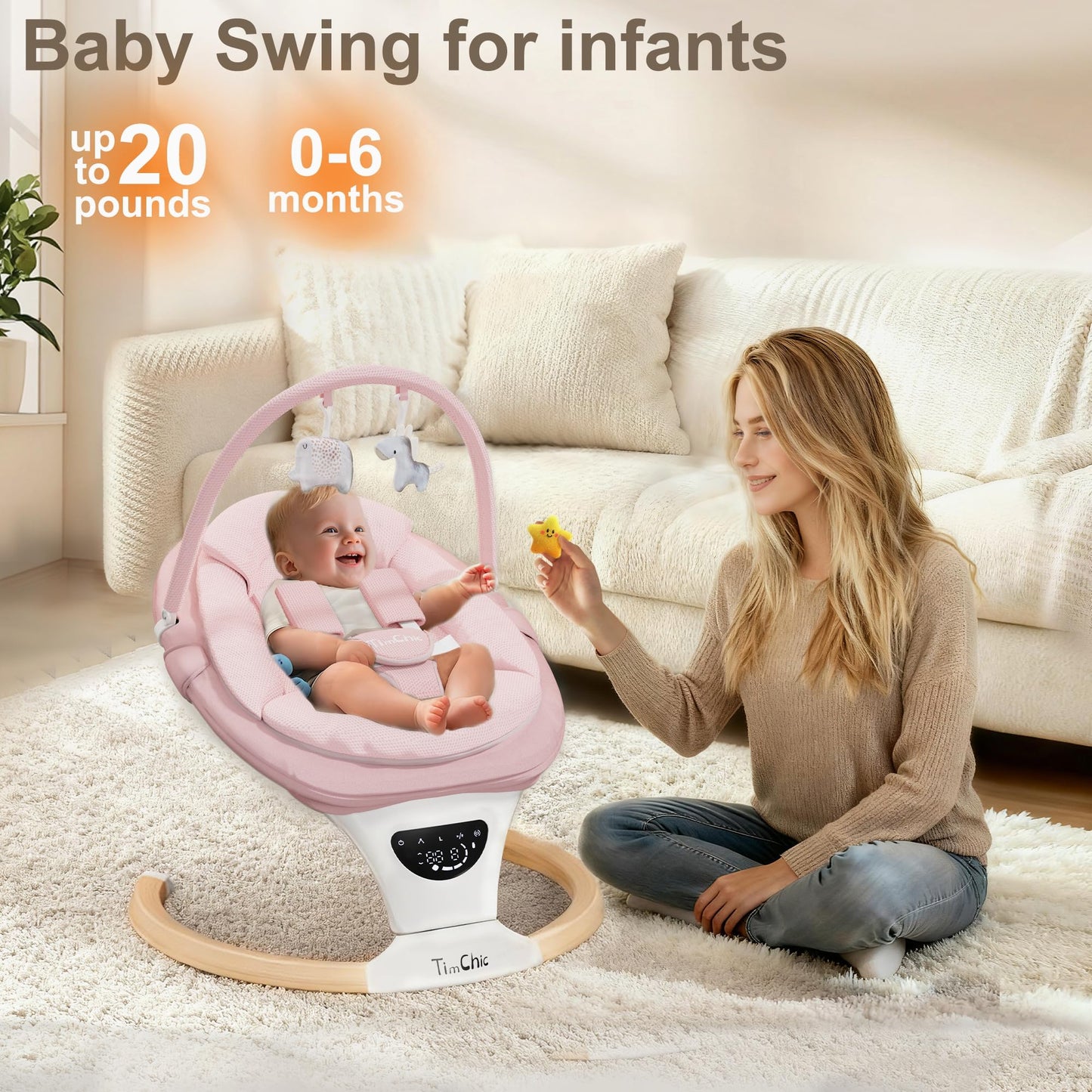 TimChic Baby Swings for Infants, Portable Infant Swing with 5-Speeds, 3-Adjustable Height, 3 Timer & 12 Lullabies, Mutil-Function Electric Swing for Baby, Indoor & Outdoor Use (Pink)